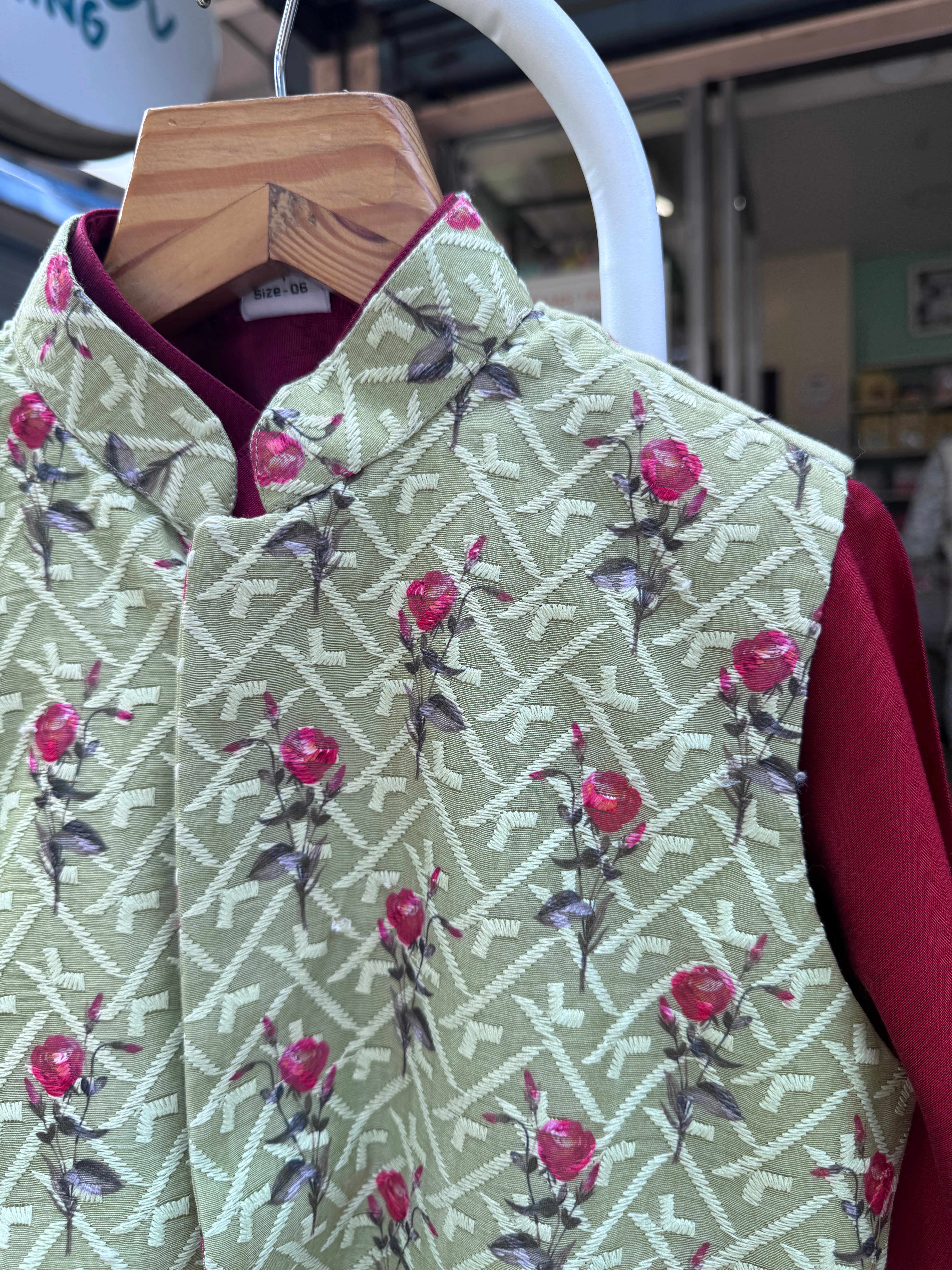 Boys Olive Floral Nehru Jacket with Maroon Kurta Pajama | Royal Festive & Wedding Outfit (5–7 Years) – With Cotton Lining