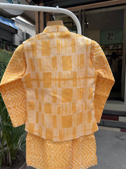 Boys Orange Ikat Jacket & Kurta with White Pajama | Summer Festive Wear Set (5–7 Years) – With Cotton Lining