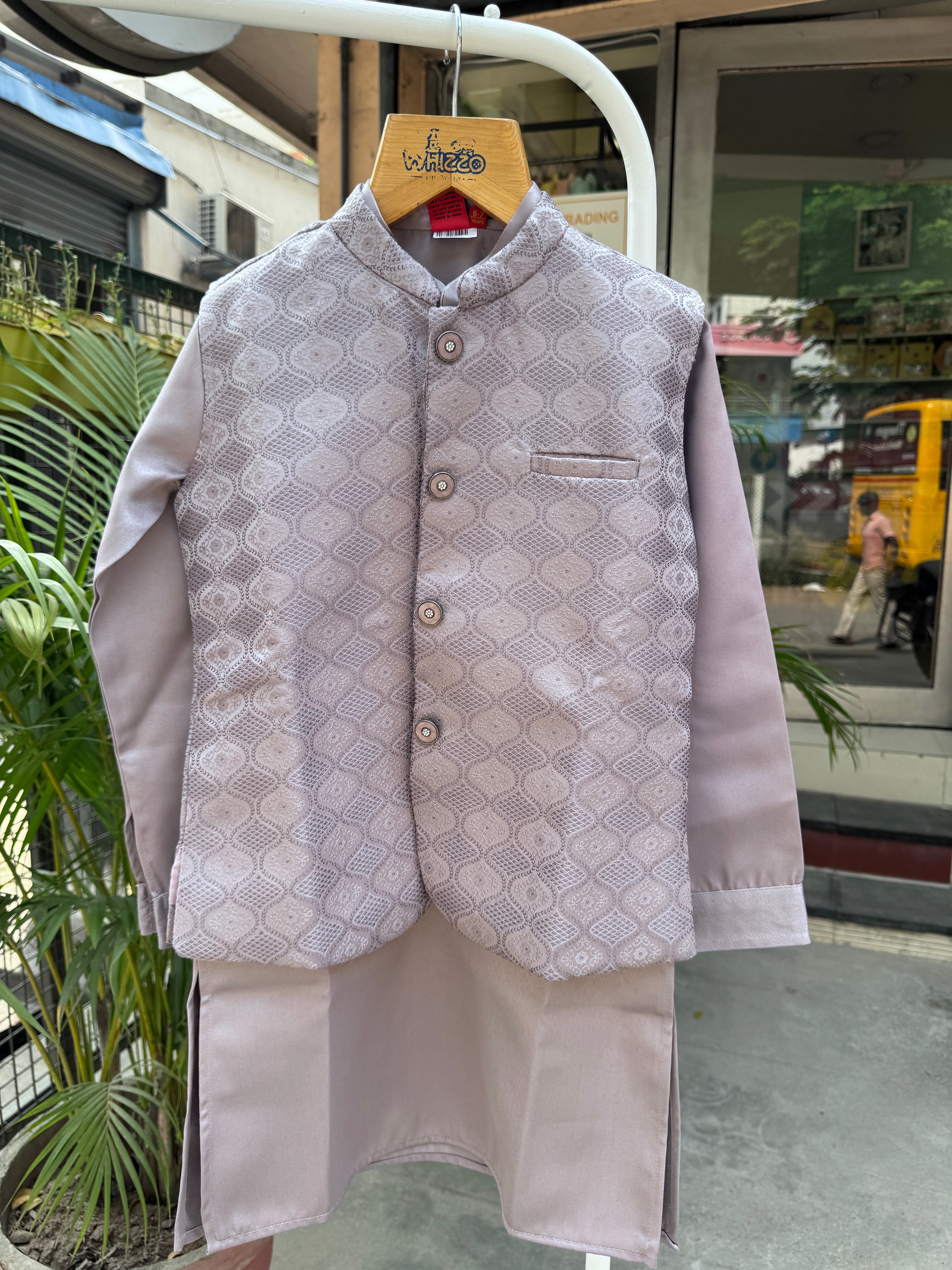 Boys Premium Beige Embroidered Jacket Kurta Set With Cotton Lining – Royal Occasion Wear (Age 5–7 Years)