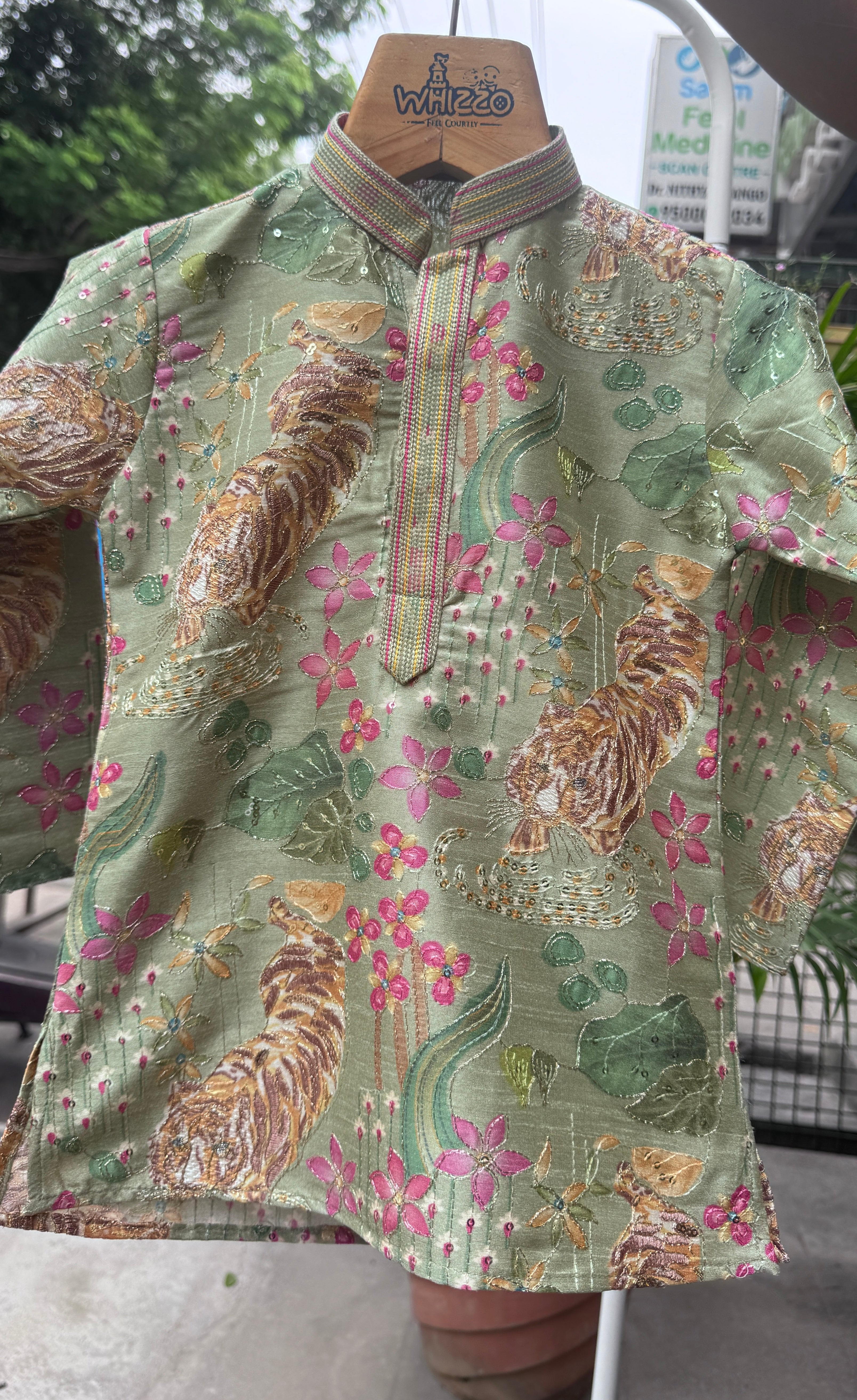 Boys Mint Green Tiger & Floral Embroidered Kurta Set With Cotton Lining – Premium Festive Wear (1–7 Years)