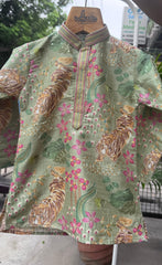Boys Mint Green Tiger & Floral Embroidered Kurta Set With Cotton Lining – Premium Festive Wear (1–7 Years)