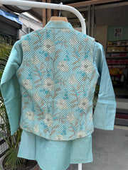 Boys Mint Green Embroidered Jacket Kurta Set With Cotton Lining – Festive Premium Outfit (Age 5–7 Years)