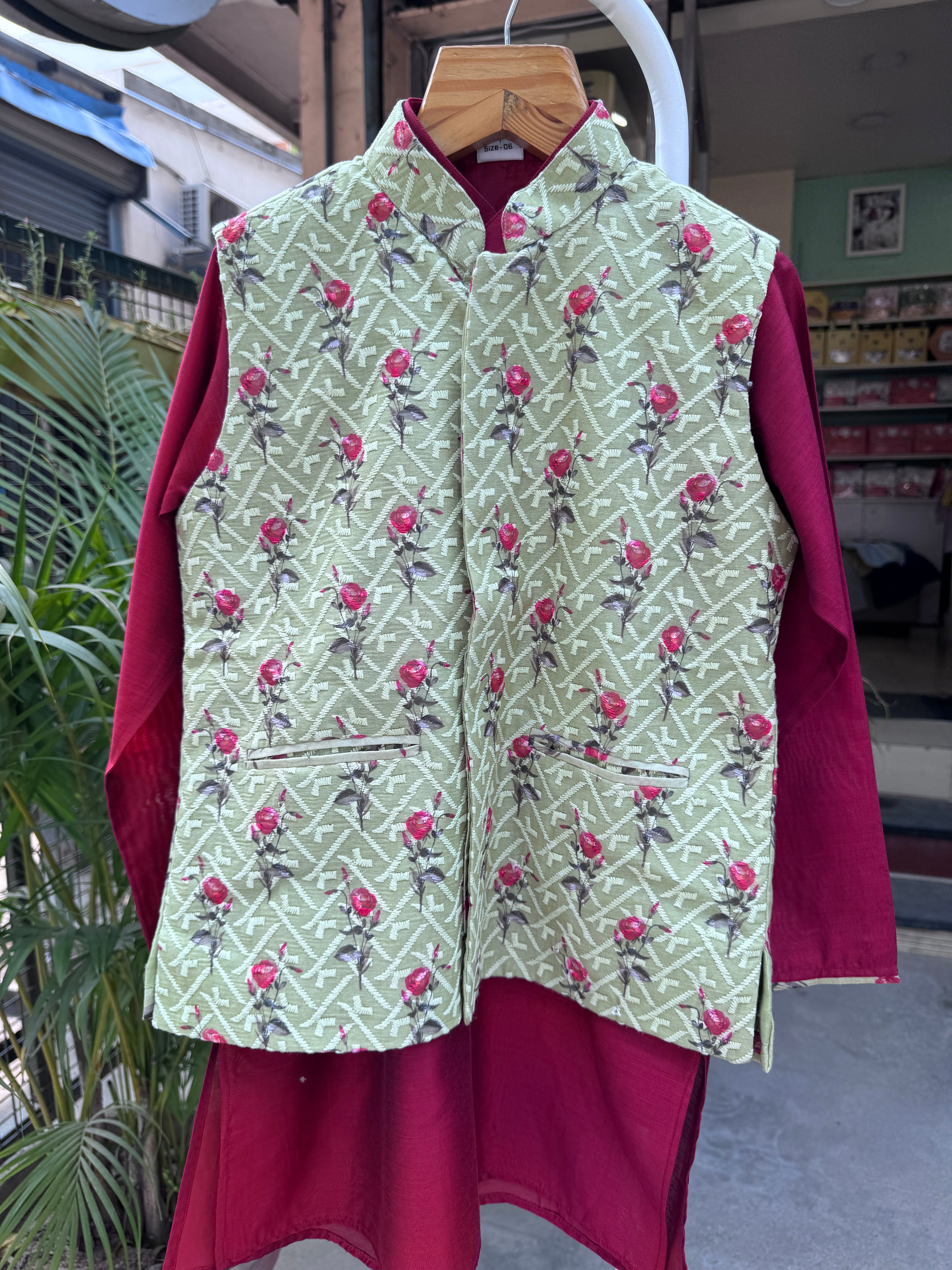 Boys Olive Floral Nehru Jacket with Maroon Kurta Pajama | Royal Festive & Wedding Outfit (5–7 Years) – With Cotton Lining