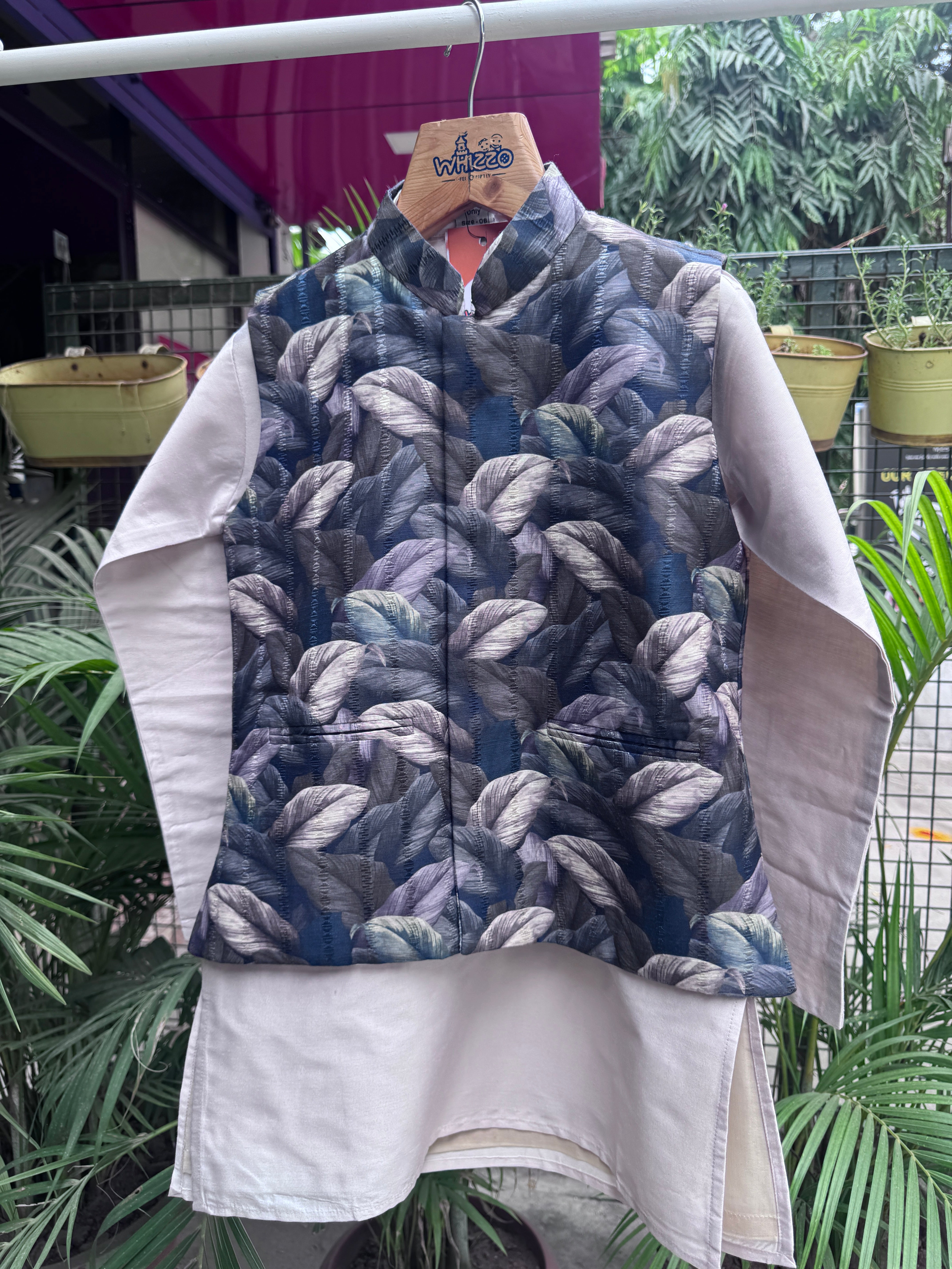 Boys Cream Kurta Set With Blue Feather Pattern Jacket – Cotton-Lined Stylish Festive Wear (Age 5–7 Years)