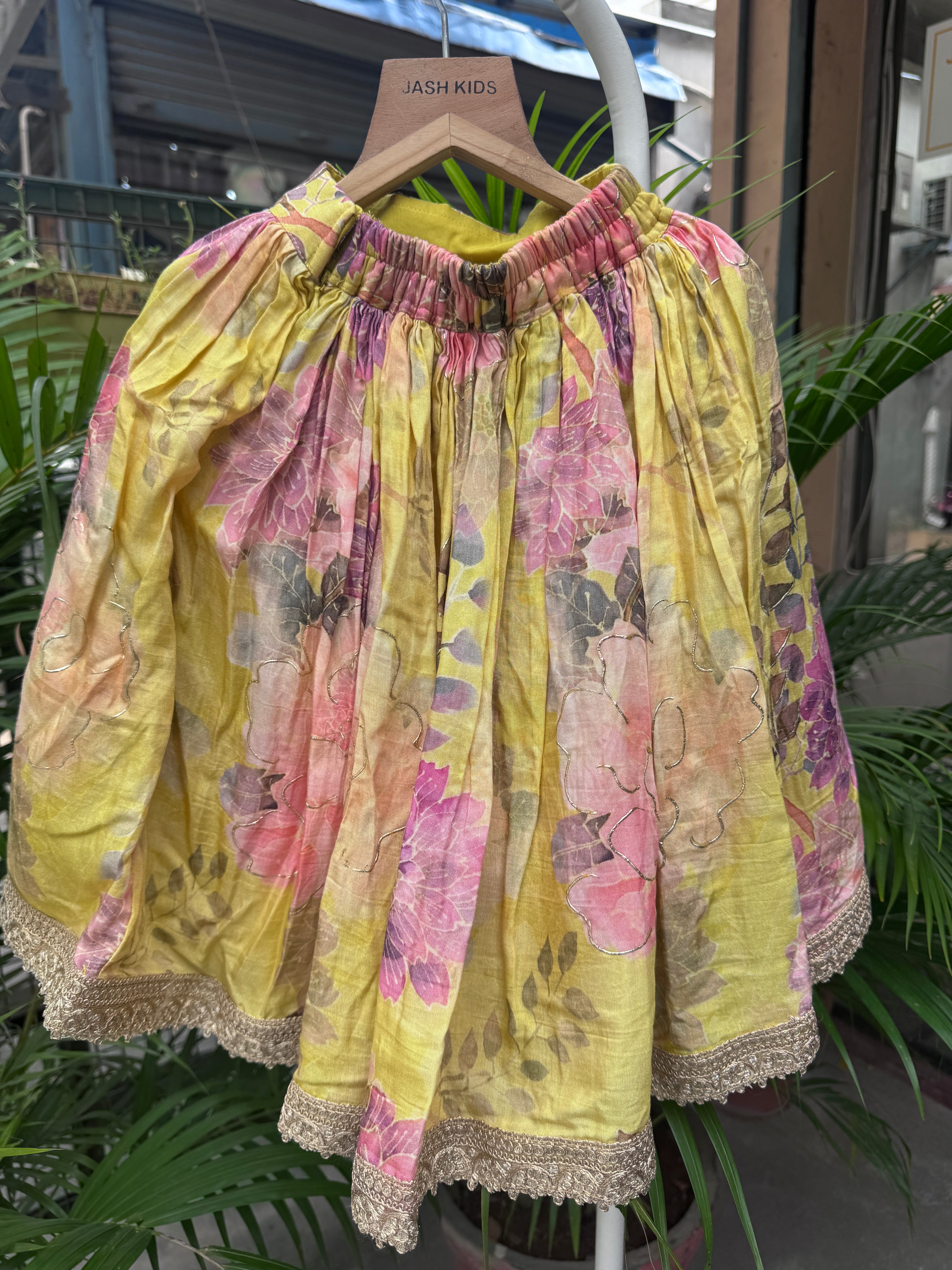 Mustard Yellow Floral Printed Lehenga Set with Sequin Embellished Sleeveless Blouse & Lace Hem – Premium Festive Wear for Girls | Ages 1–6 Years / 6–12 Years