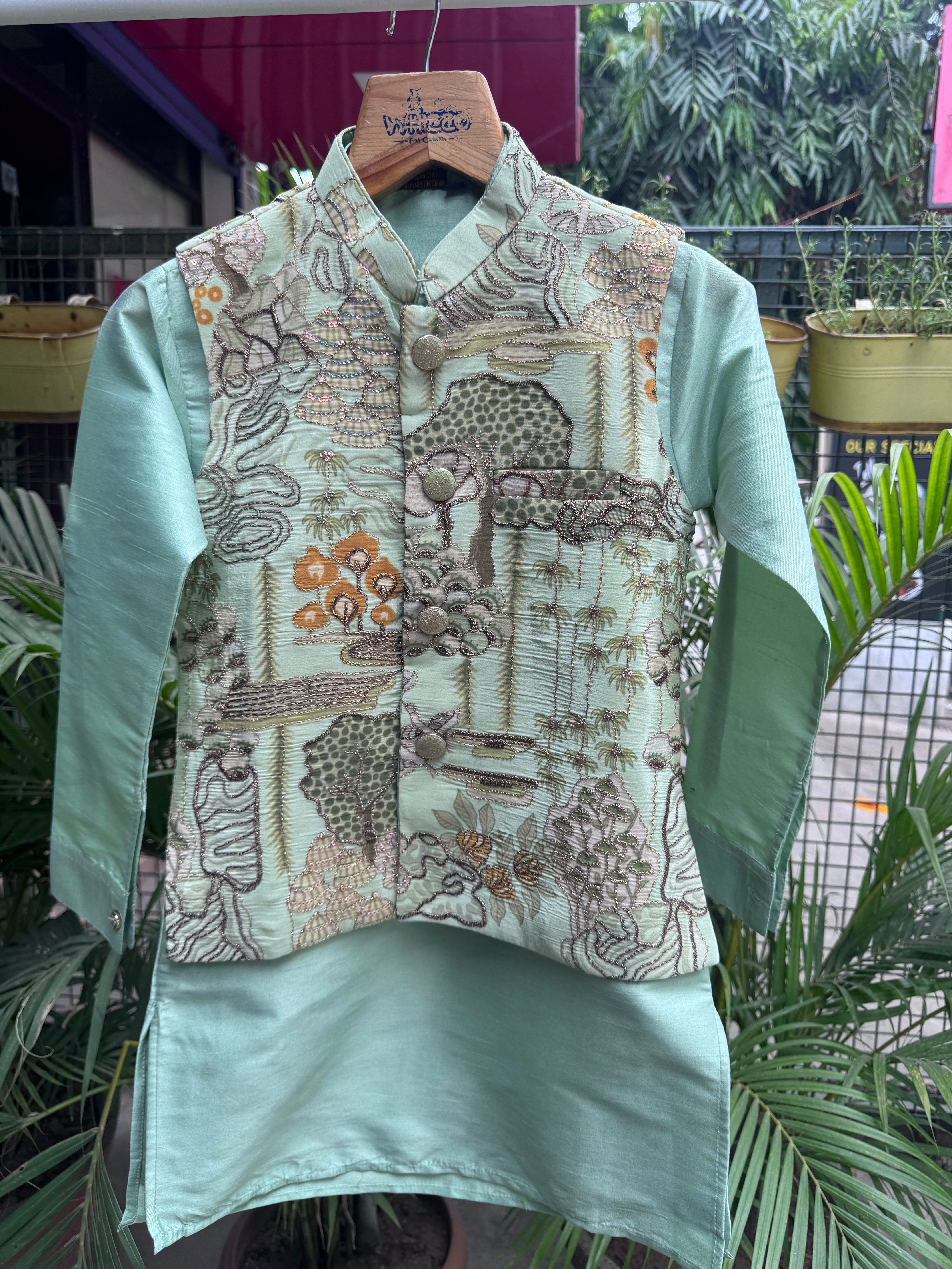 Boys Mint Green Kurta Set with Embroidered Elephant Print Nehru Jacket – Premium Festive Outfit with Cotton Lining (Age 1 to 7 Years)