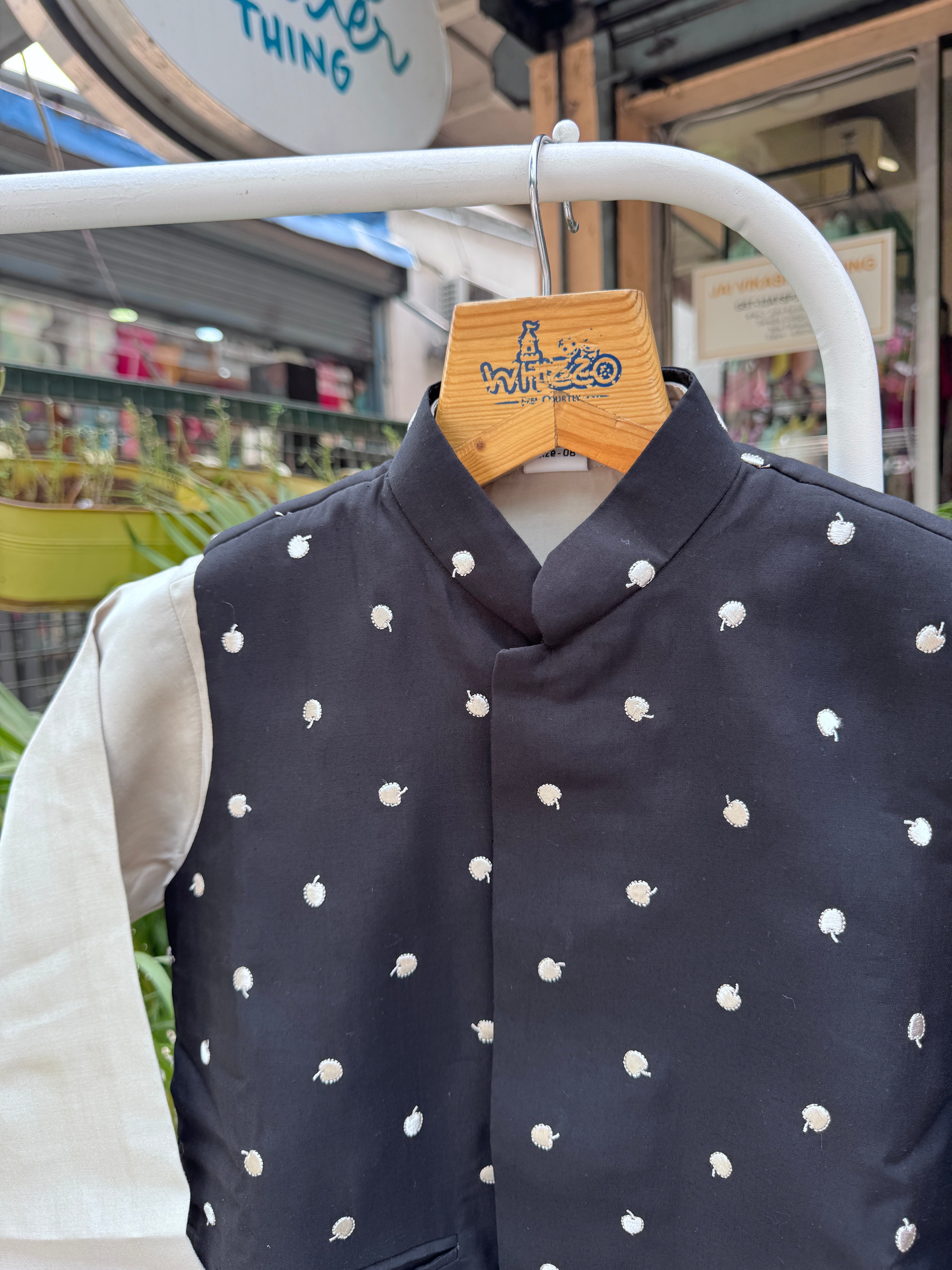 Boys Black Polka Embroidered Jacket With Beige Kurta Set – Cotton-Lined Classic Festive Wear (Age 5–7 Years)