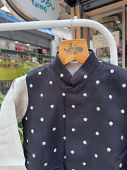 Boys Black Polka Embroidered Jacket With Beige Kurta Set – Cotton-Lined Classic Festive Wear (Age 5–7 Years)