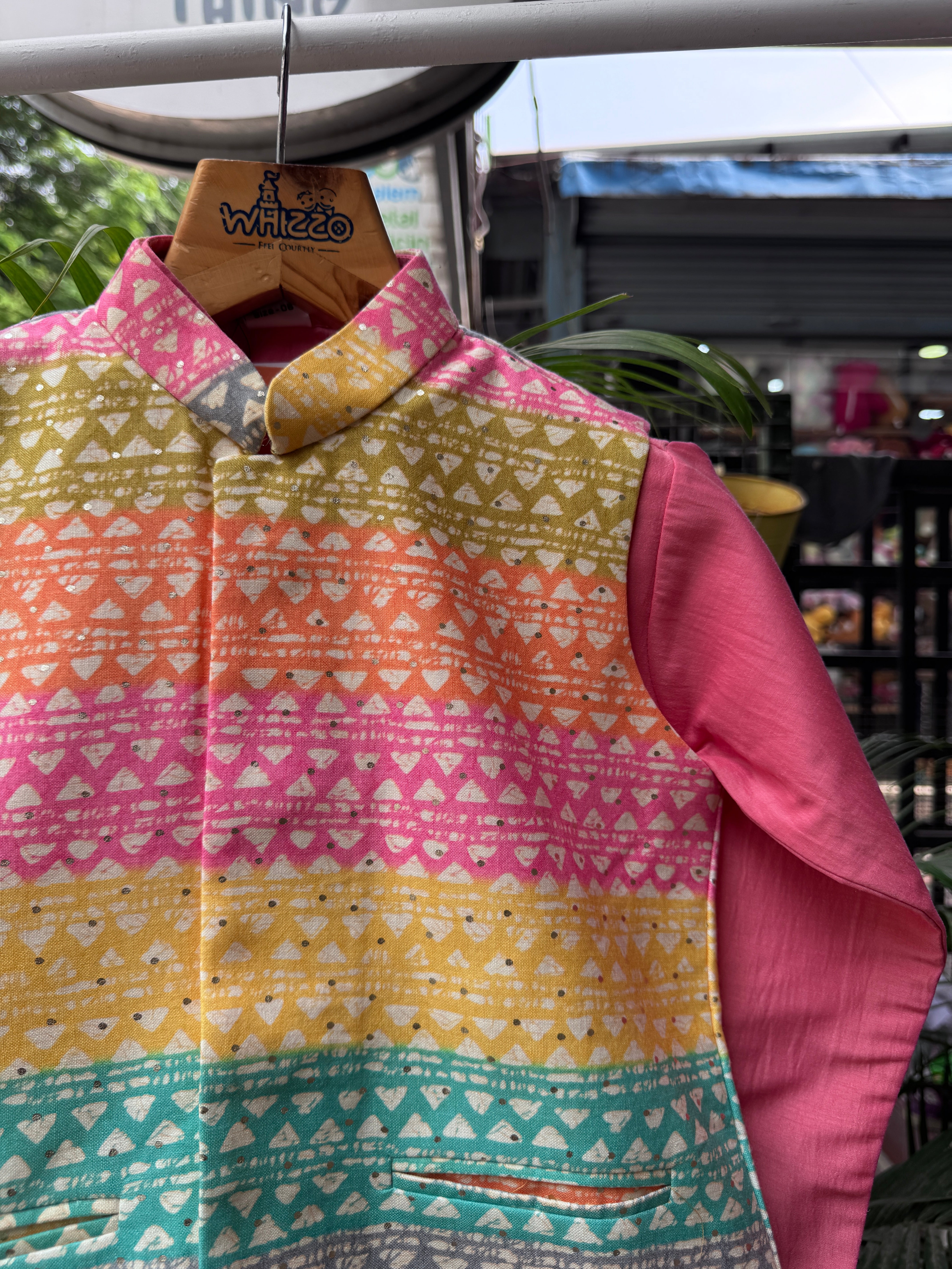 Boys Multicolor Festival Jacket & Pink Kurta Pajama Set | Vibrant Ethnic Wear for Celebrations (5–7 Years) – With Cotton Lining