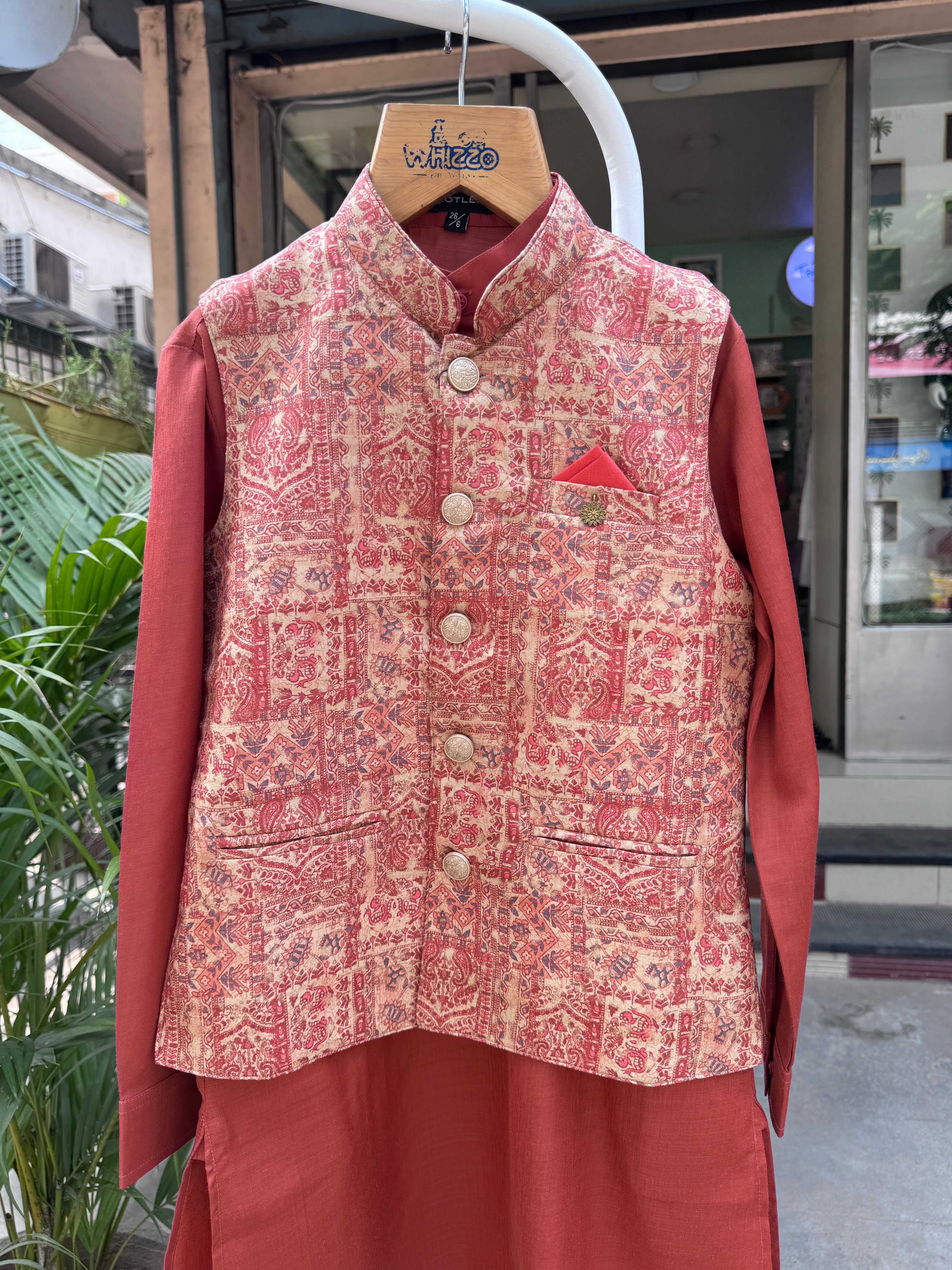 Boys Terracotta Kurta Set with Beige Brocade Nehru Jacket – Elegant Festive & Wedding Outfit (Age 5 to 7 Years)