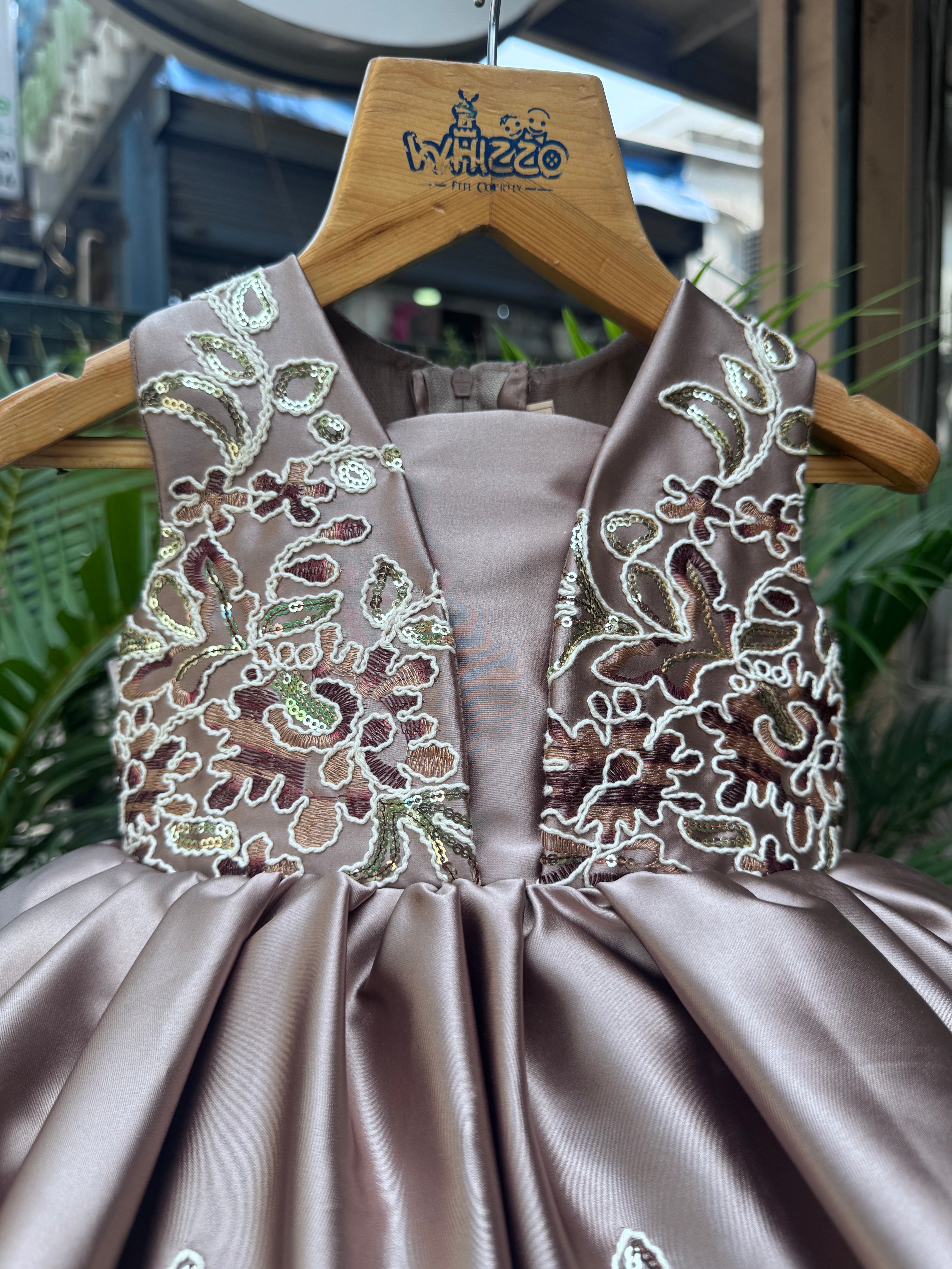 Golden Brown Embroidered Party Frock with Floral Detailing (1–4 Years)