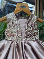 Golden Brown Embroidered Party Frock with Floral Detailing (1–4 Years)