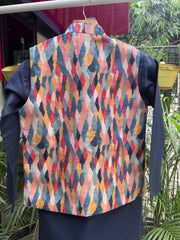 Boys Navy Kurta Set with Multicolor Geometric Printed Nehru Jacket – Festive & Wedding Wear with Cotton Lining (Age 5 to 7 Years)