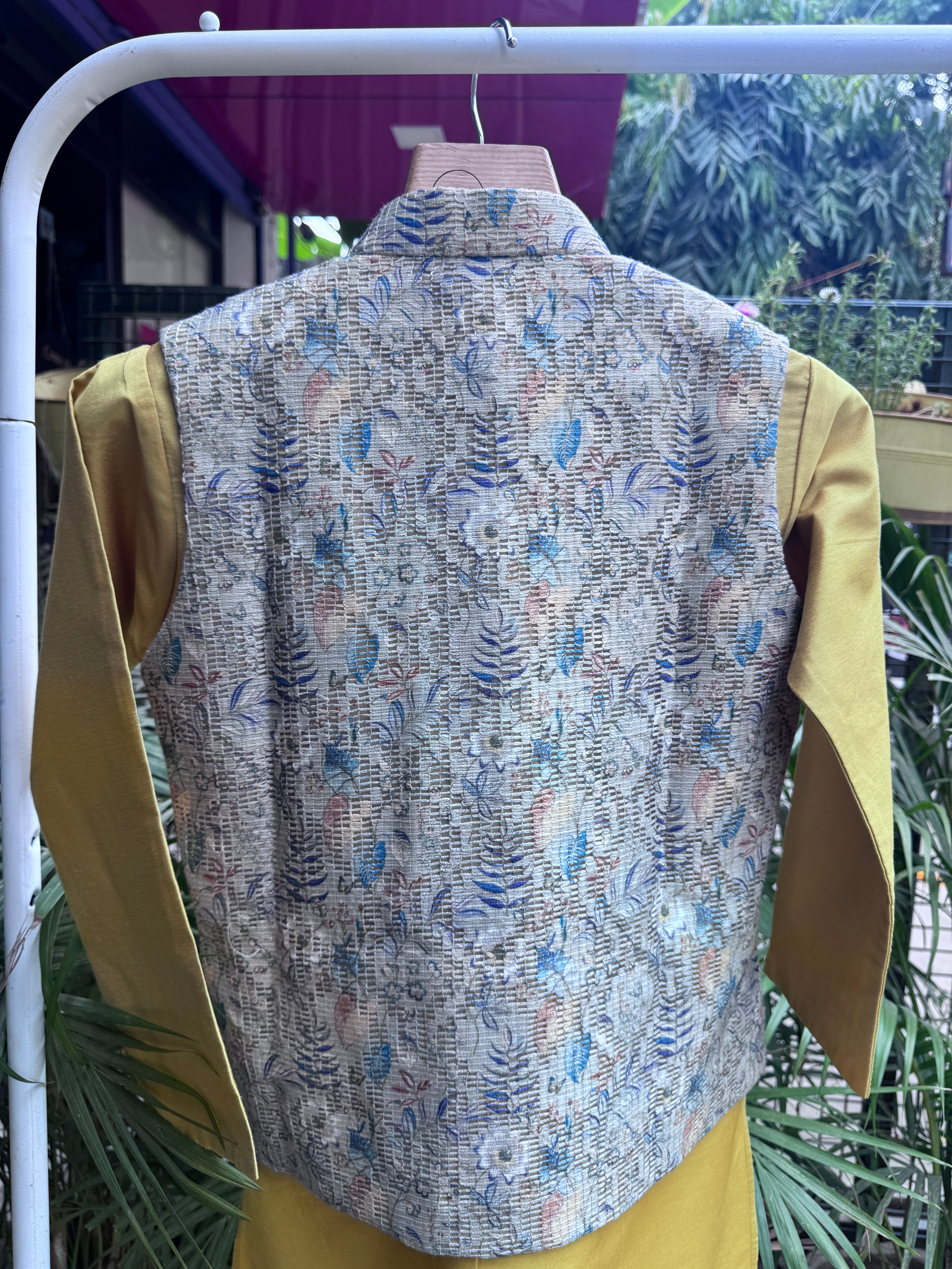 Boys Mustard Kurta Set With Pastel Floral Embroidered Jacket – Cotton-Lined Premium Festive Wear (Age 5–7 Years)