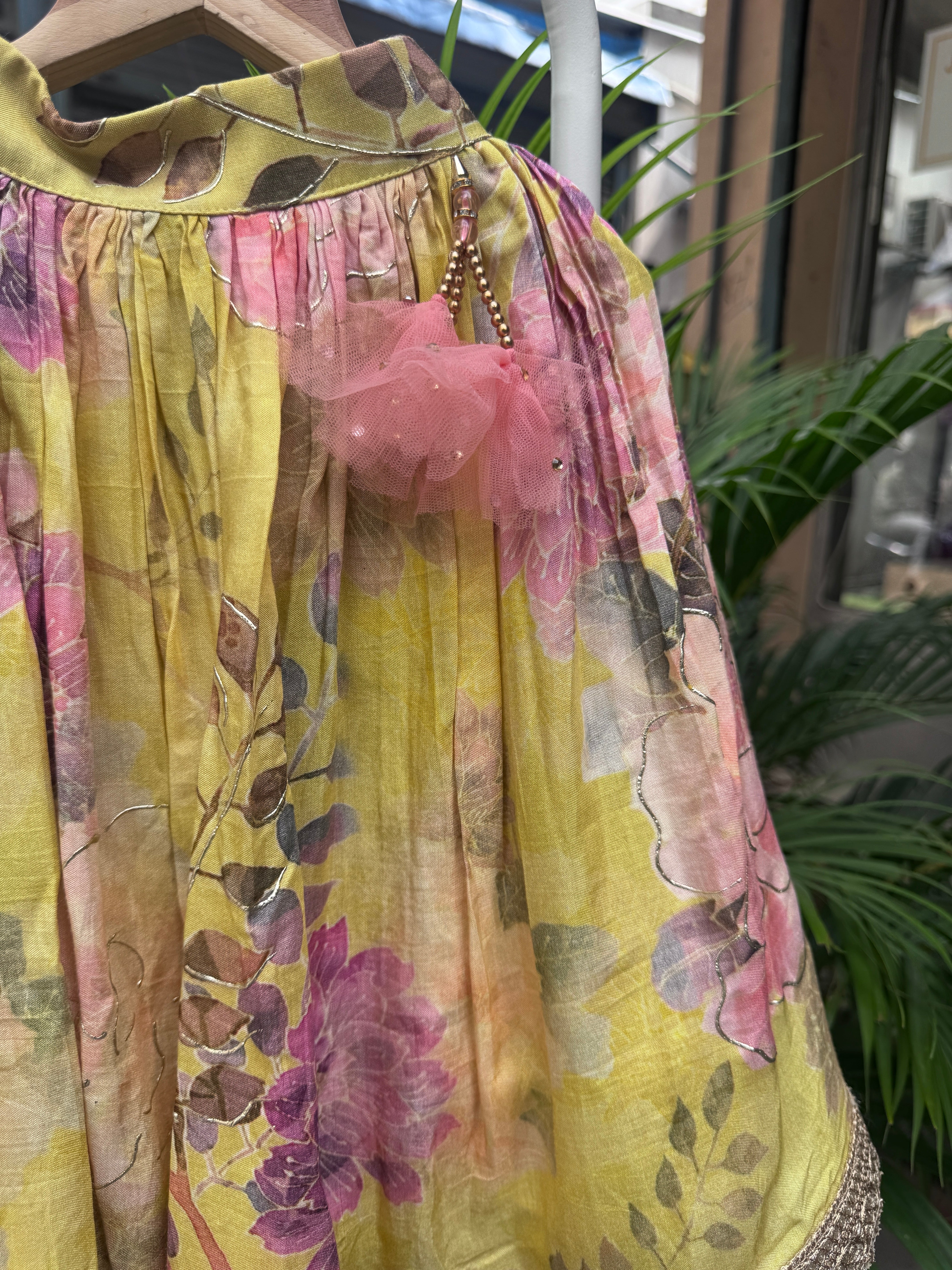 Mustard Yellow Floral Printed Lehenga Set with Sequin Embellished Sleeveless Blouse & Lace Hem – Premium Festive Wear for Girls | Ages 1–6 Years / 6–12 Years