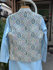 Mint Blue Boys Jacket Kurta Set with Pastel Mosaic Printed Nehru Jacket | Cotton Lining | Ages 5–7 Years