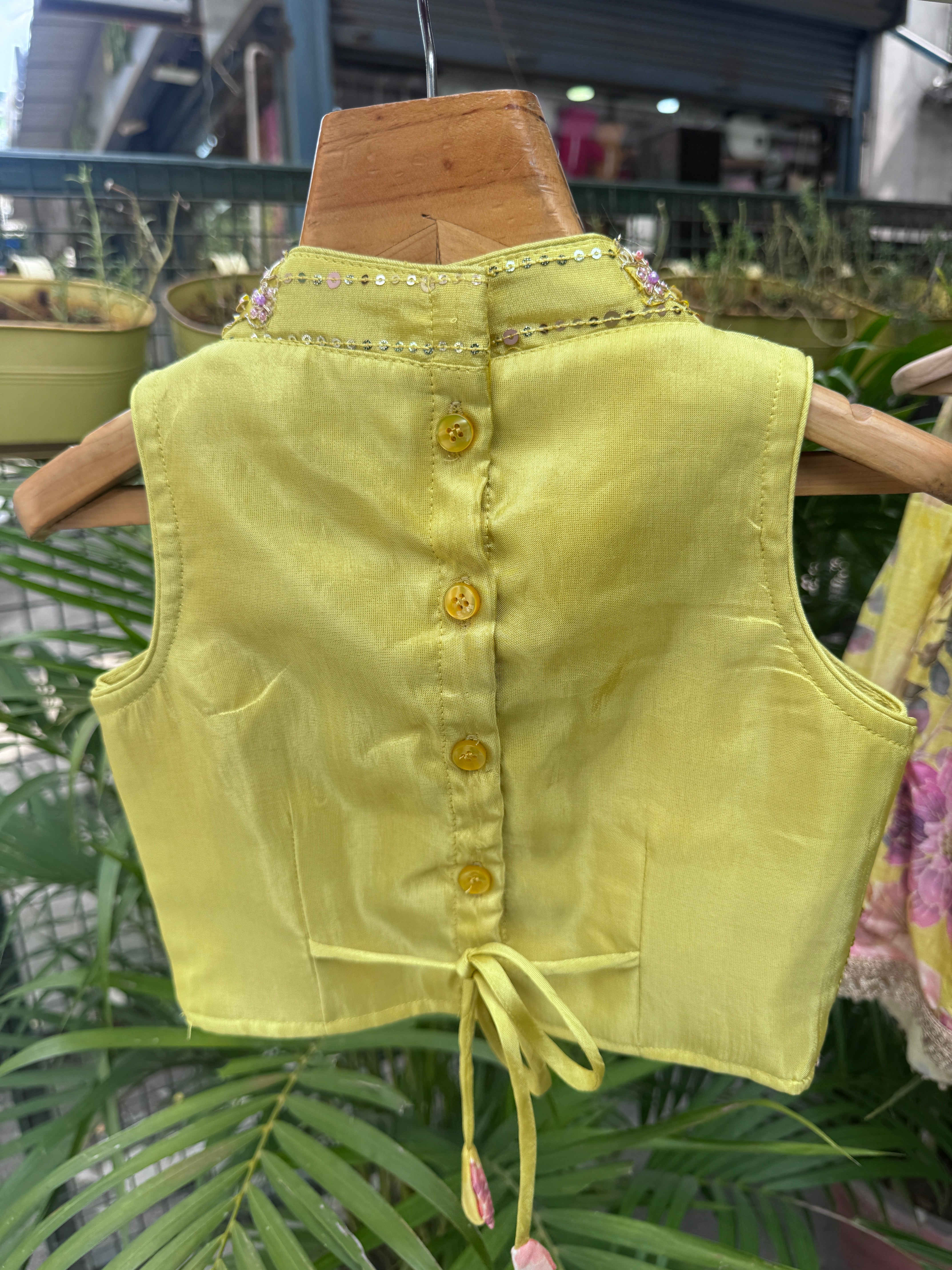 Mustard Yellow Floral Printed Lehenga Set with Sequin Embellished Sleeveless Blouse & Lace Hem – Premium Festive Wear for Girls | Ages 1–6 Years / 6–12 Years