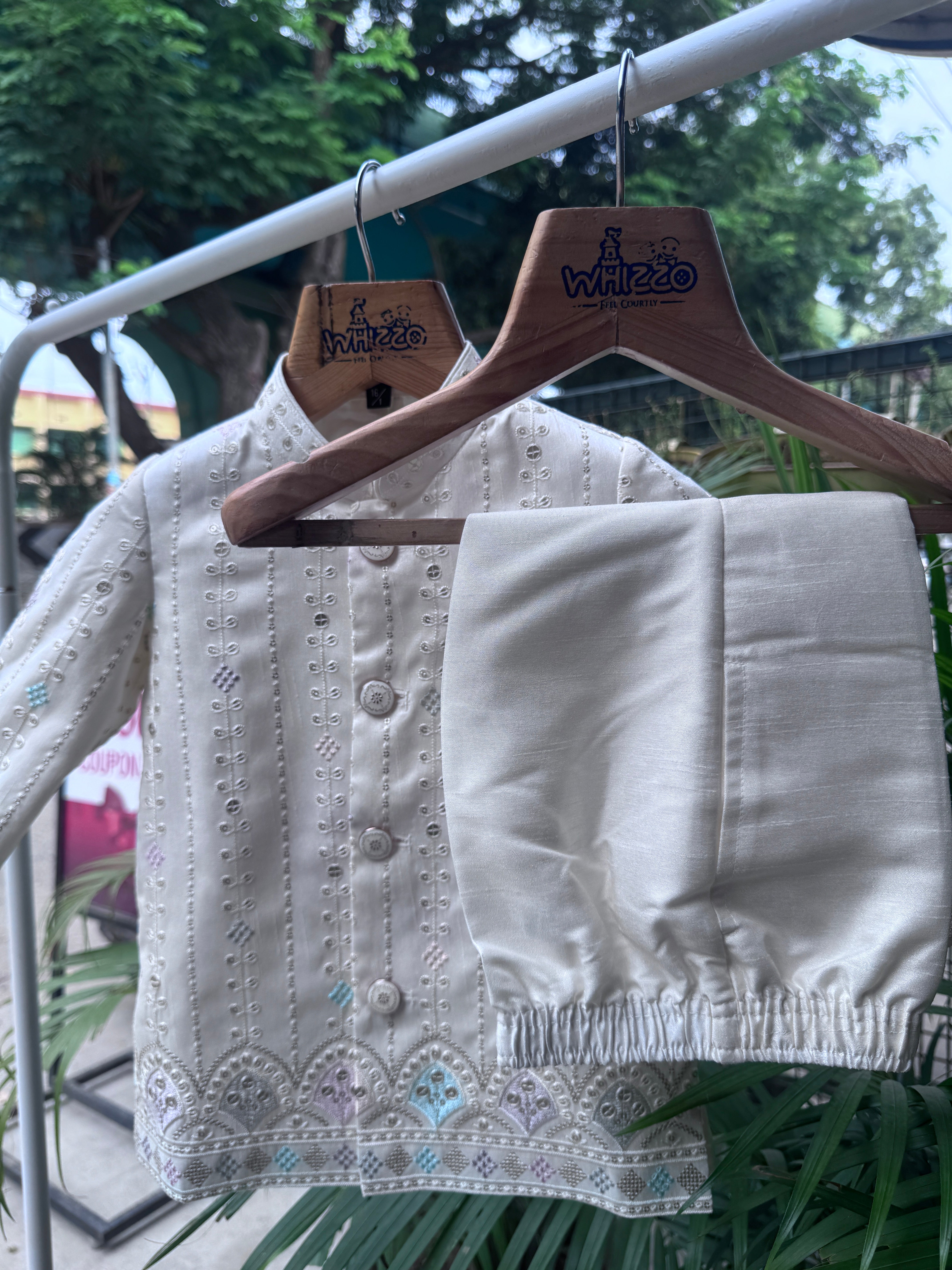 Ivory Hand-Embroidered Kurta Jacket Set – Soft Pastel Classic (Cotton Lining)