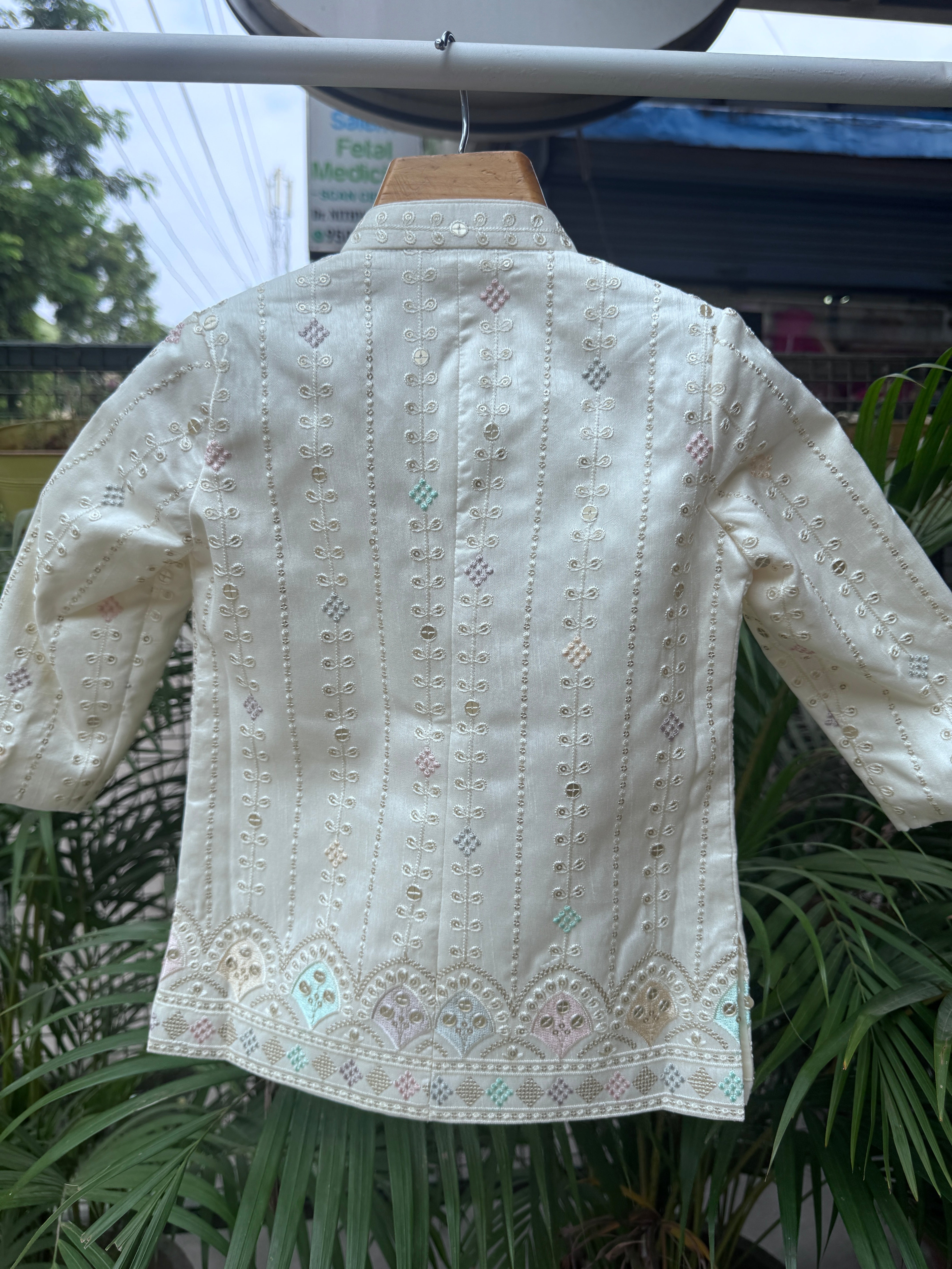Ivory Hand-Embroidered Kurta Jacket Set – Soft Pastel Classic (Cotton Lining)