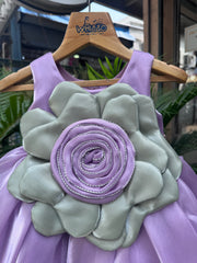 Lavender Satin Frock with Dual-Tone 3D Floral Rosette (1–4 Years)
