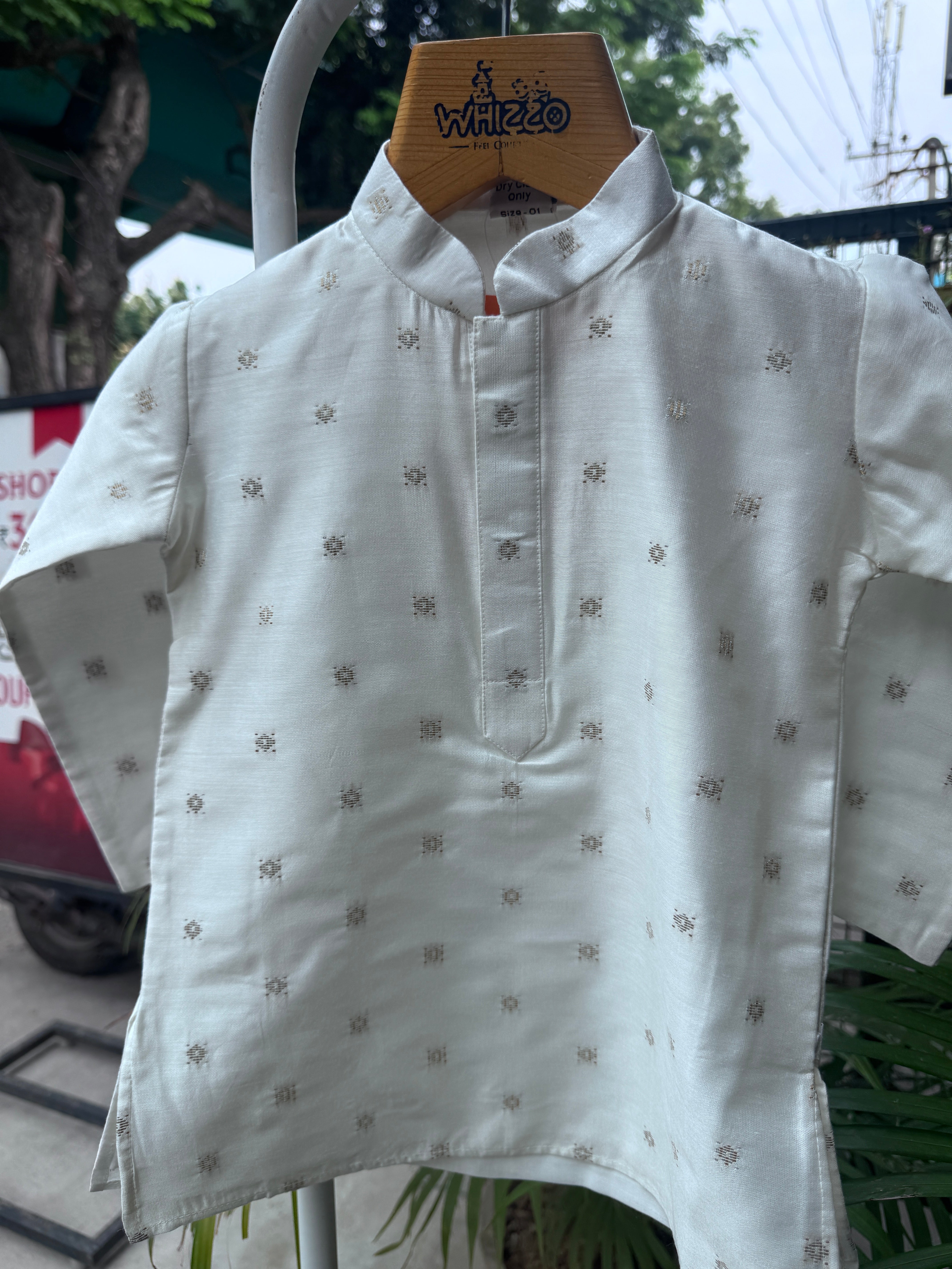 Boys Ivory Polka Self-Embroidered Kurta Set With Cotton Lining – Elegant Festive Classic (1–7 Years)