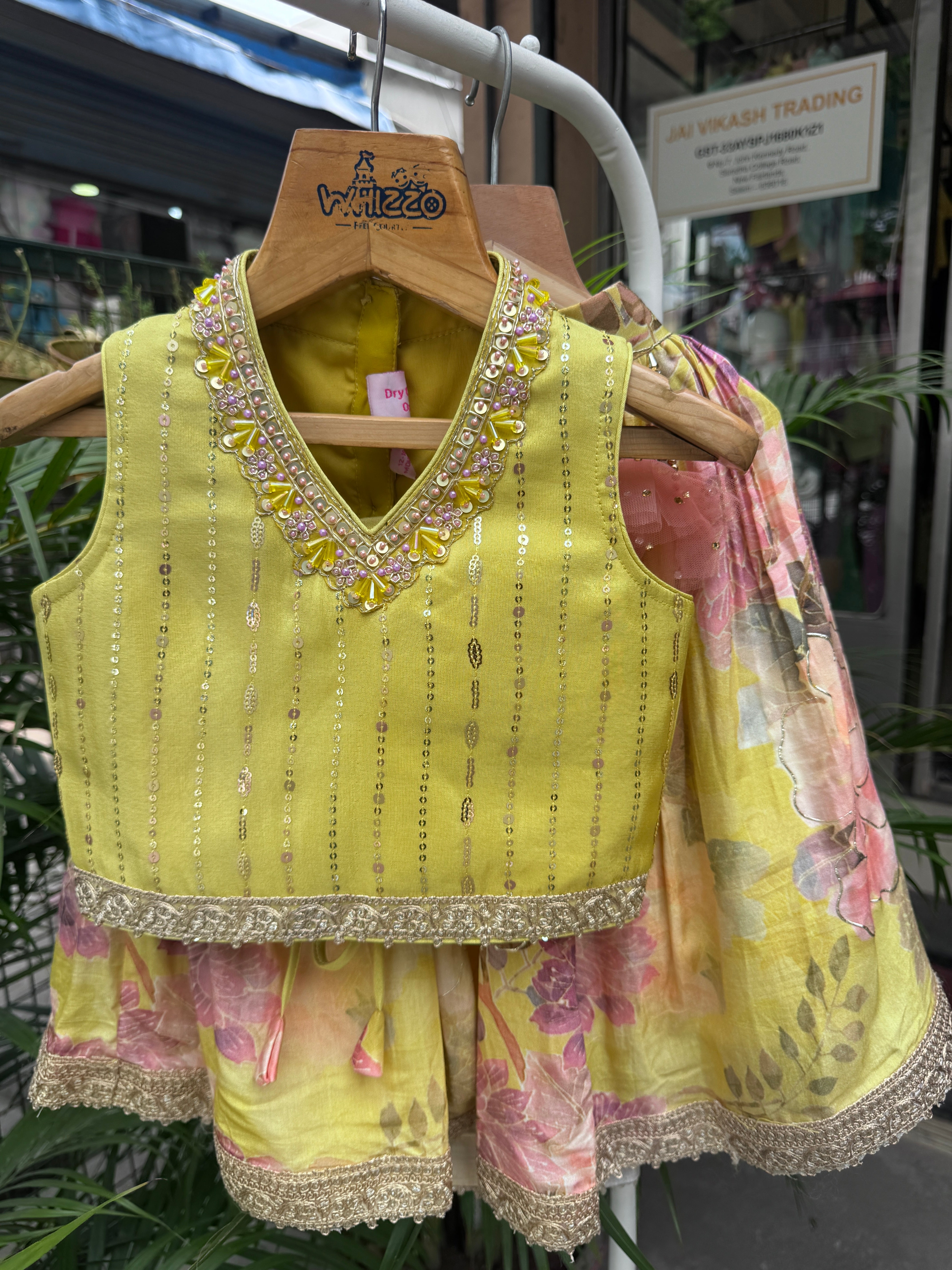 Mustard Yellow Floral Printed Lehenga Set with Sequin Embellished Sleeveless Blouse & Lace Hem – Premium Festive Wear for Girls | Ages 1–6 Years / 6–12 Years