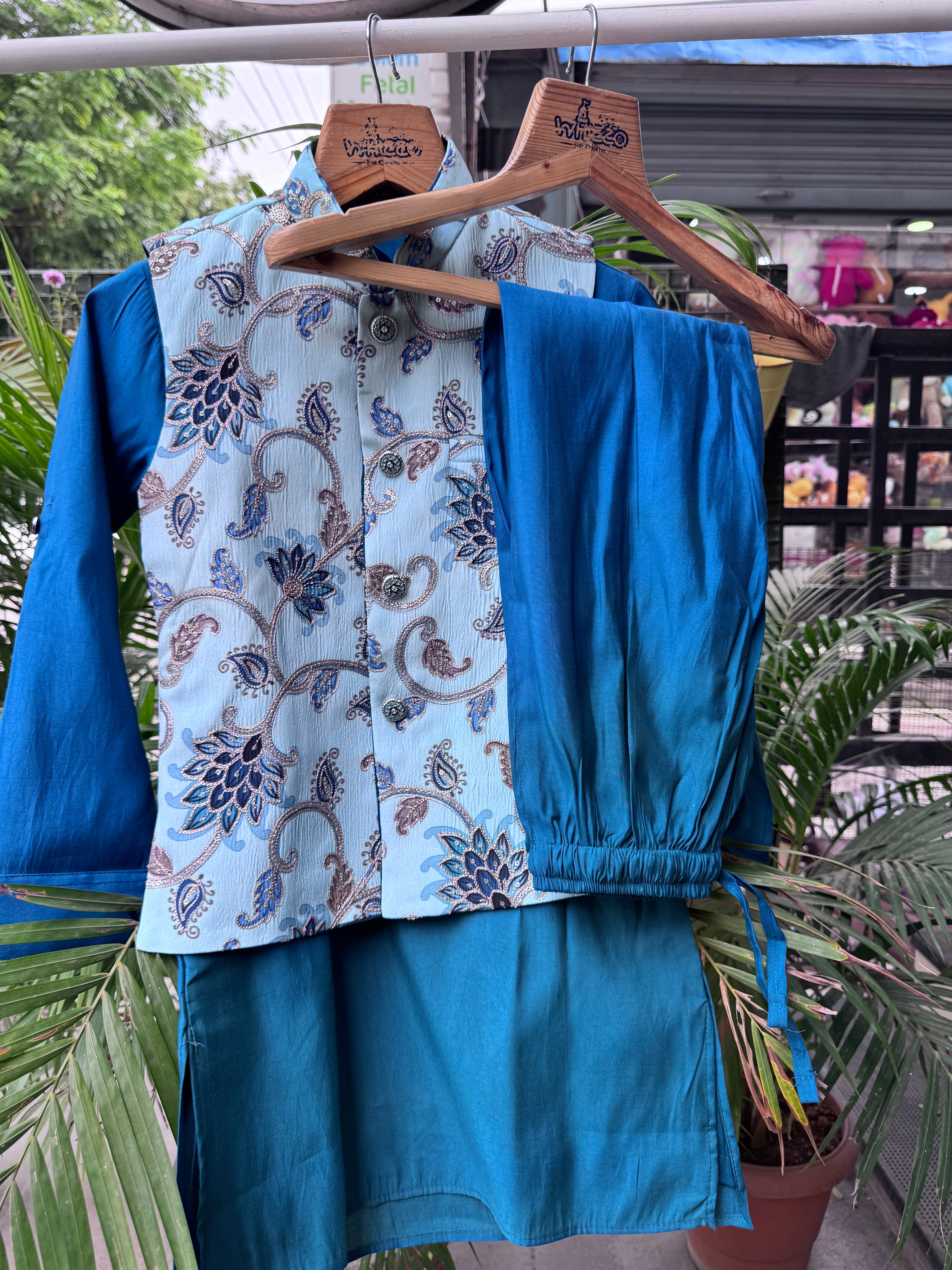 Boys Teal Blue Kurta Set with Light Blue Paisley Nehru Jacket – Stylish Festive & Party Wear (Age 5 to 7 Years)