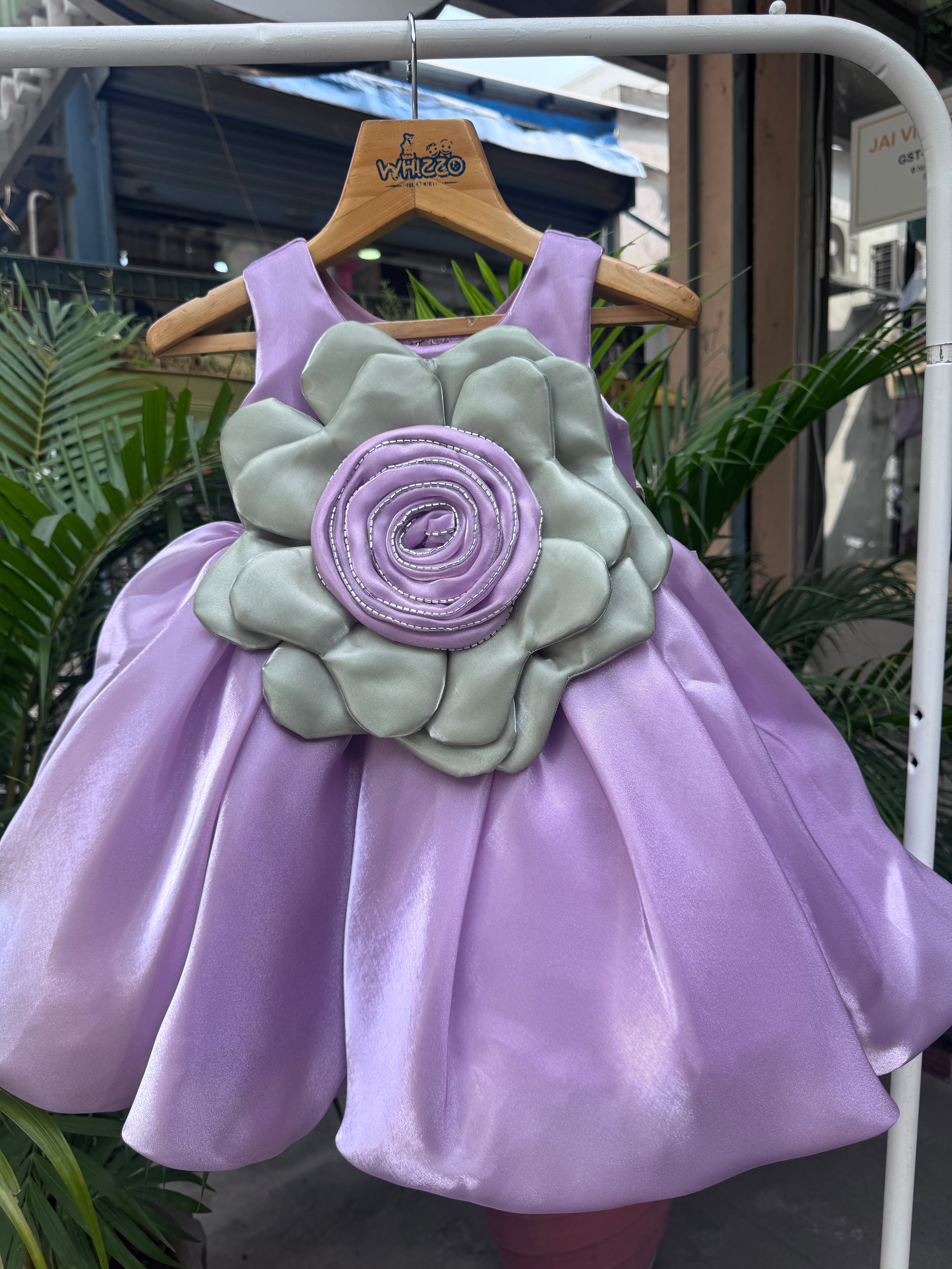 Lavender Satin Frock with Dual-Tone 3D Floral Rosette (1–4 Years)