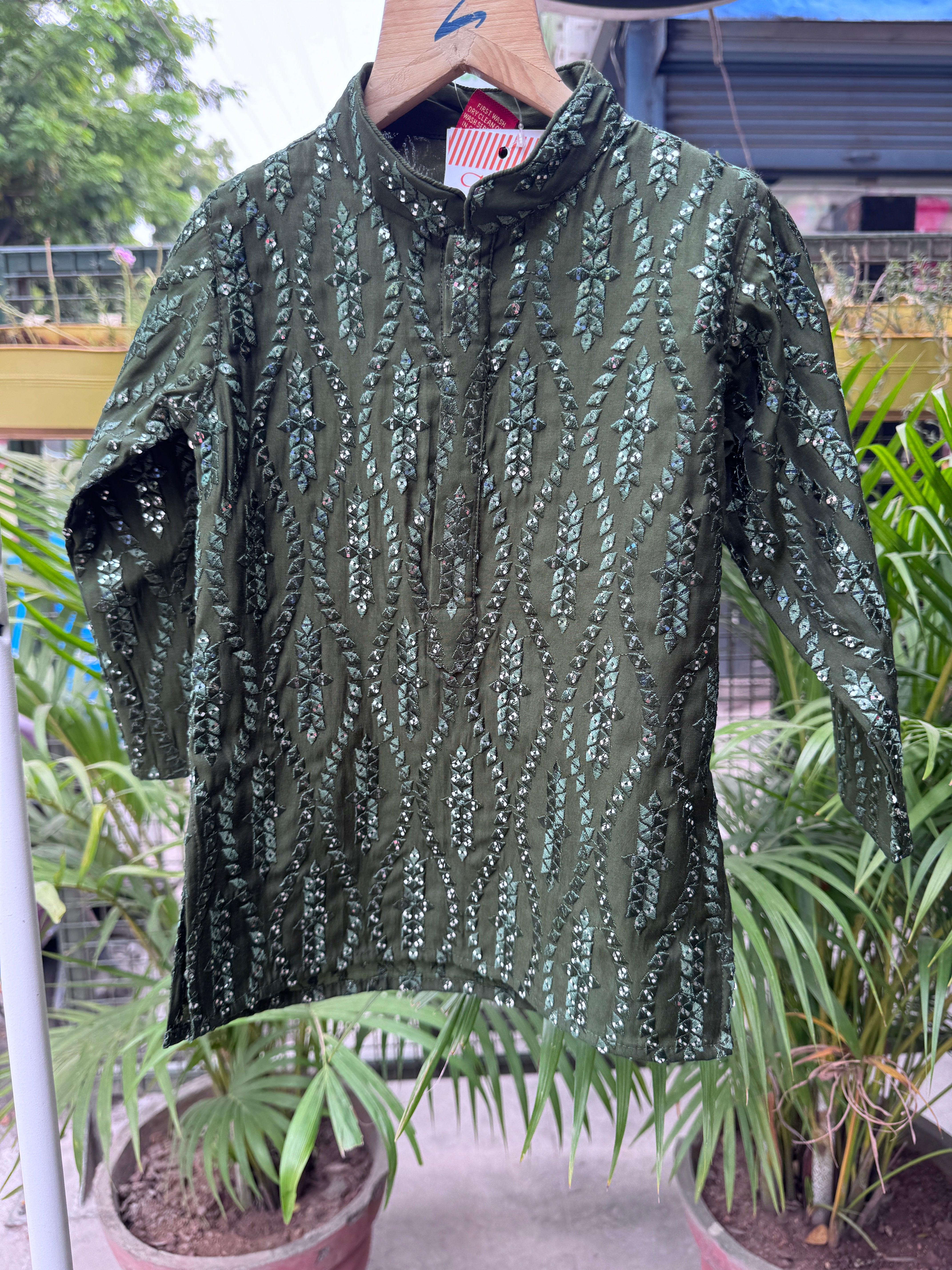 Boys Dark Green All-Over Sequin Kurta Set With Cotton Lining – Premium Party & Wedding Wear (1–7 Years)