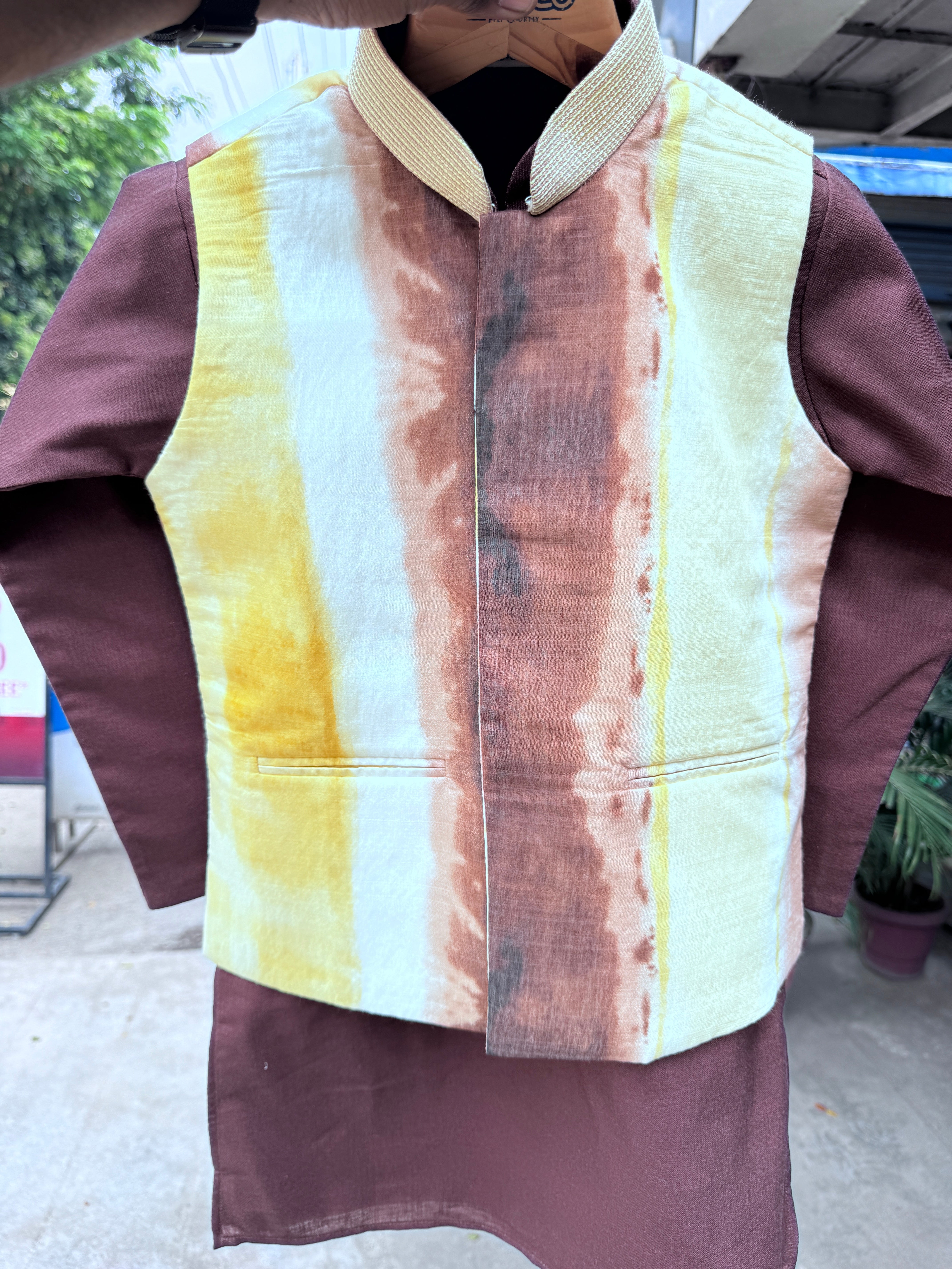 Boys Brown Kurta Set with Beige & Gold Ombre Nehru Jacket – Stylish Festive & Cultural Wear (Age 5 to 7 Ye