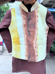 Boys Brown Kurta Set with Beige & Gold Ombre Nehru Jacket – Stylish Festive & Cultural Wear (Age 5 to 7 Ye