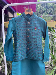 Boys Teal Blue Kurta Set with Brocade Nehru Jacket – Classic Festive & Wedding Wear with Cotton Lining (Age 1 to 7 Years)