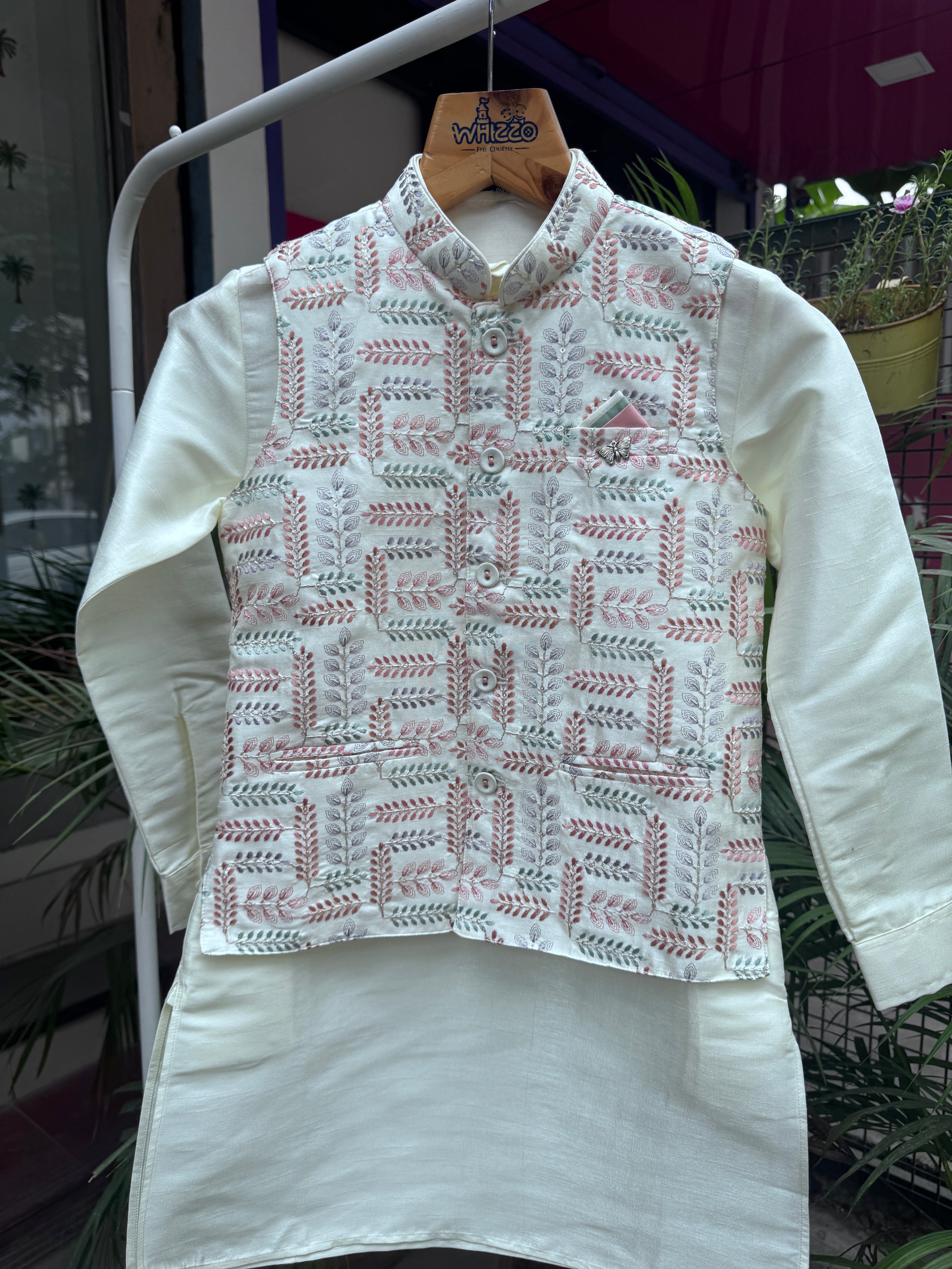 Cream Boys Jacket Kurta Set with Multicolour Leaf Embroidered Nehru Jacket | Cotton Lining | Ages 5–7 Years