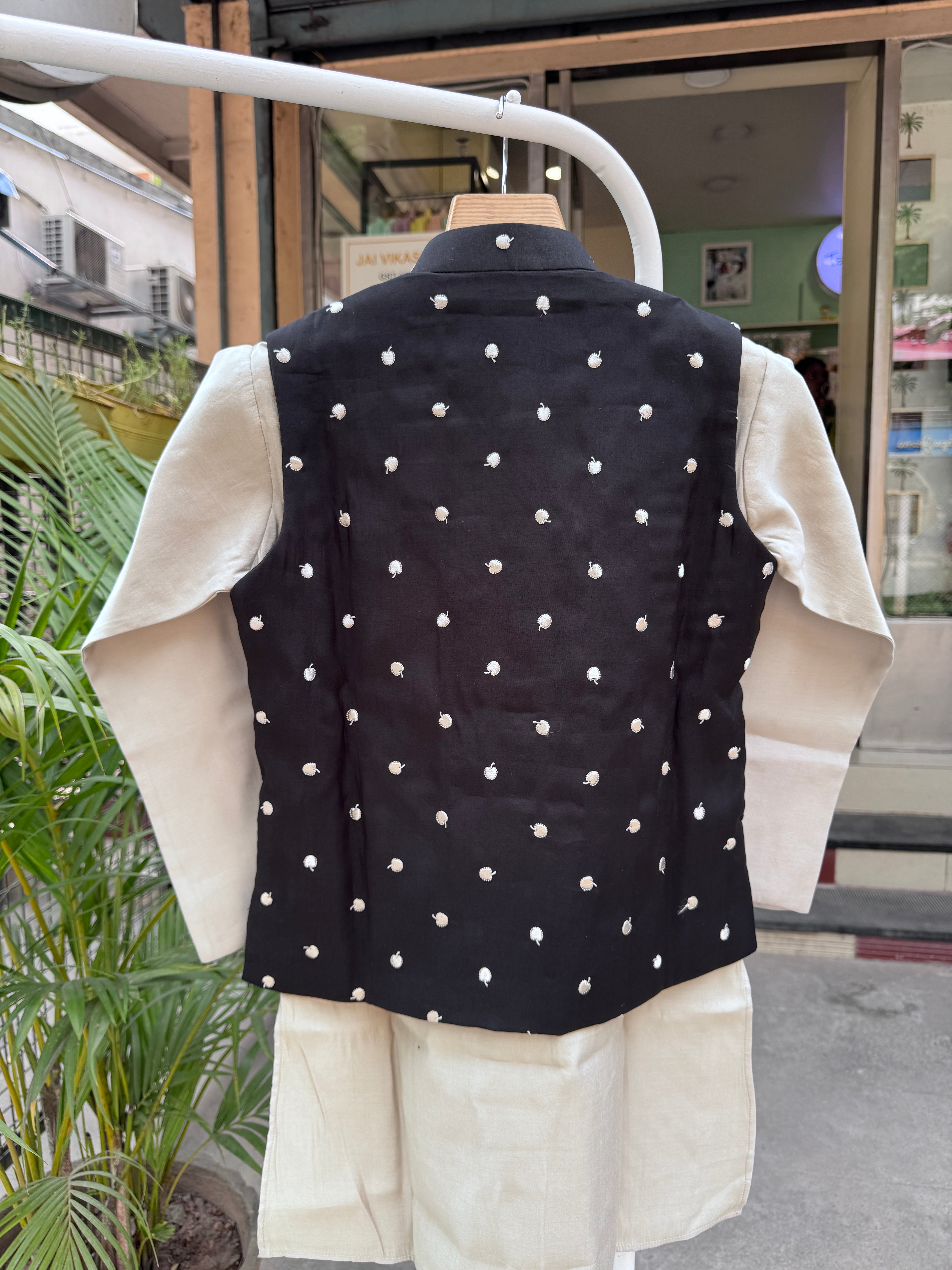 Boys Black Polka Embroidered Jacket With Beige Kurta Set – Cotton-Lined Classic Festive Wear (Age 5–7 Years)