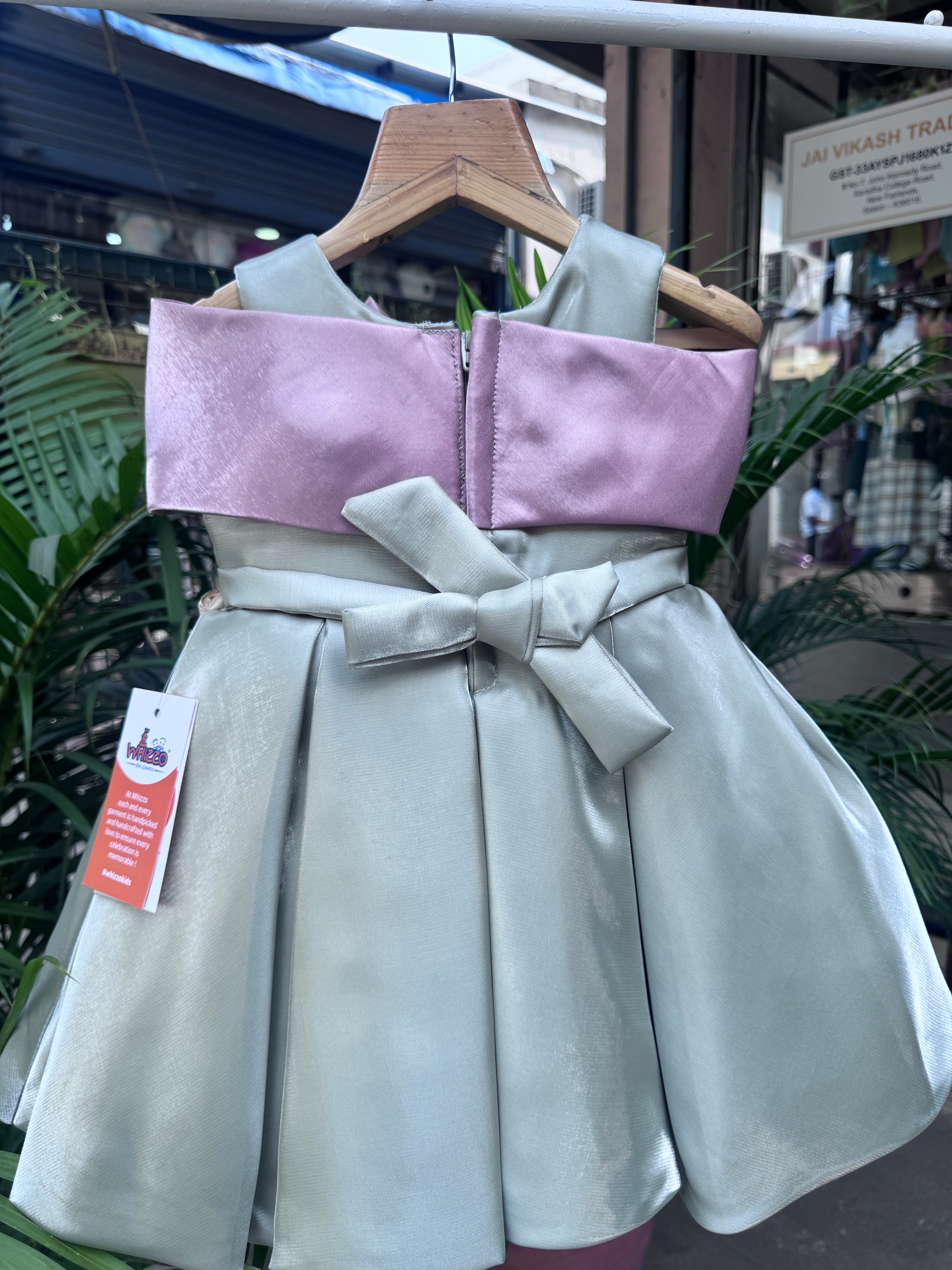 Pastel Green & Mauve Bow Shoulder Party Frock – Age 1–4 Years