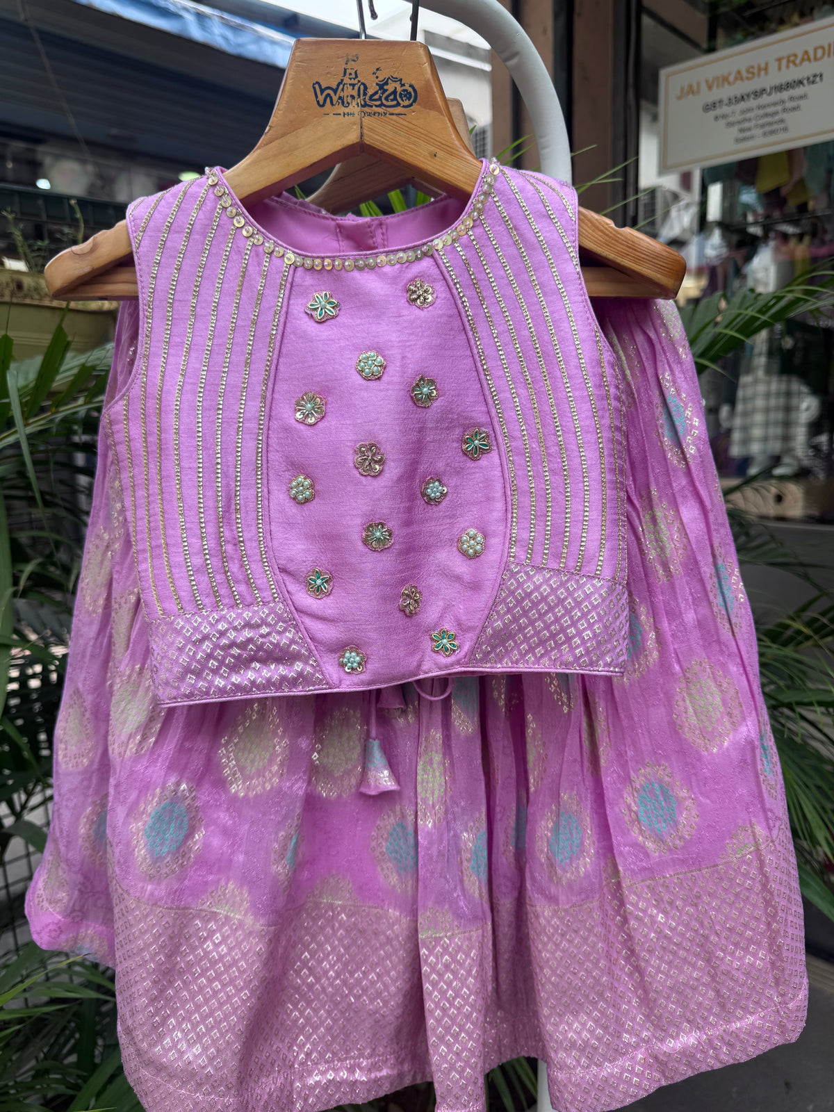 Lavender Zari Embroidered Pleated Lehenga With Designer Crop Top – Festive Ethnic Set for Girls (Age 1–6 Years)