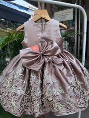 Golden Brown Embroidered Party Frock with Floral Detailing (1–4 Years)