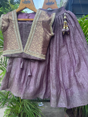 Designer Purple Silk Lehenga Choli Set with Golden Lace Detailing, Stylish Crop Top with Tassel Accents & Flared Skirt – Traditional & Party Wear Outfit for Girls (Age 1 – 6 Years) | WHIZZO Kids