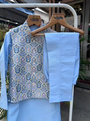 Mint Blue Boys Jacket Kurta Set with Pastel Mosaic Printed Nehru Jacket | Cotton Lining | Ages 5–7 Years