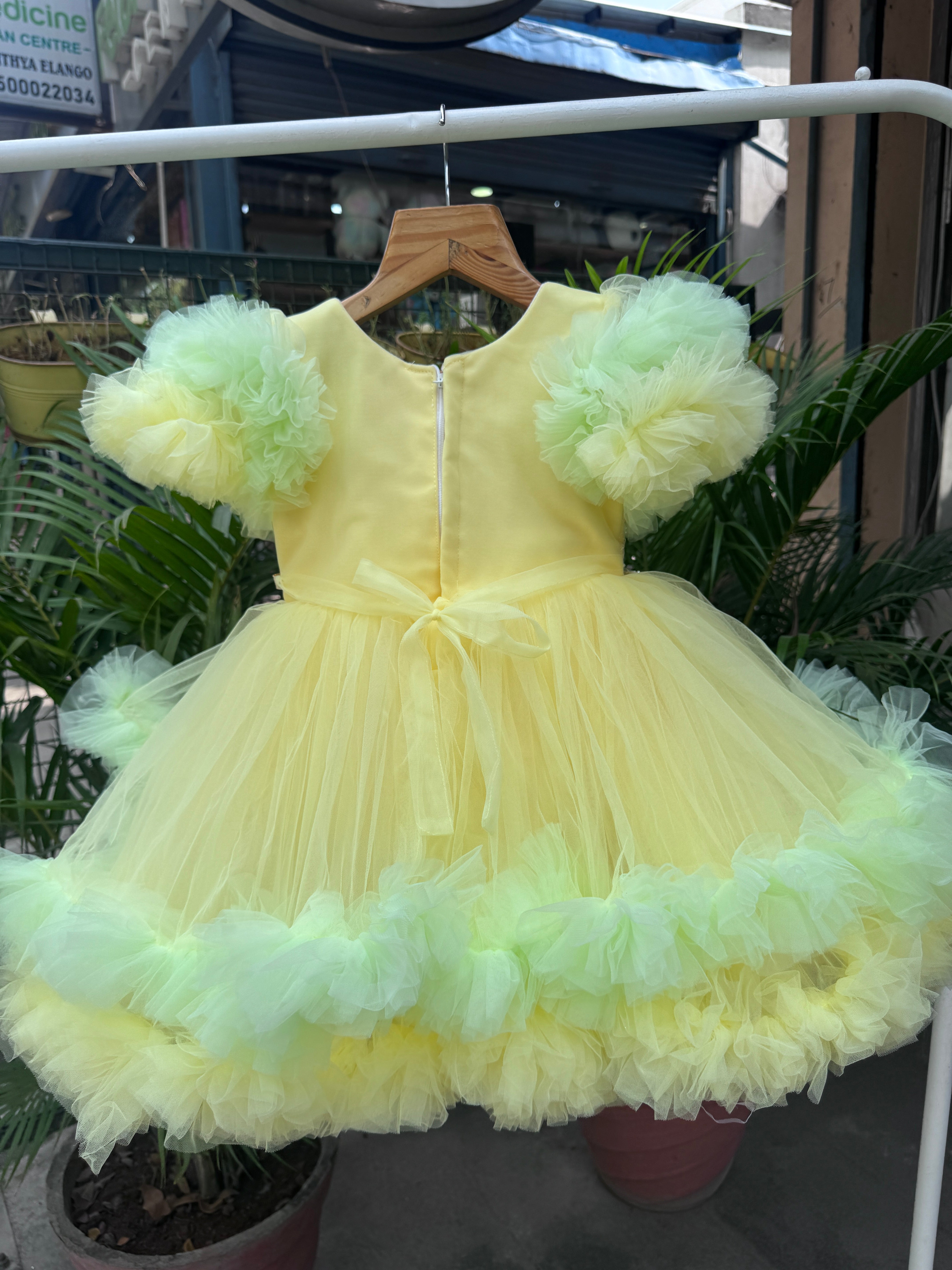 Yellow & Mint Green Tulle Party Frock with Floral Embroidery (1–4 Years)