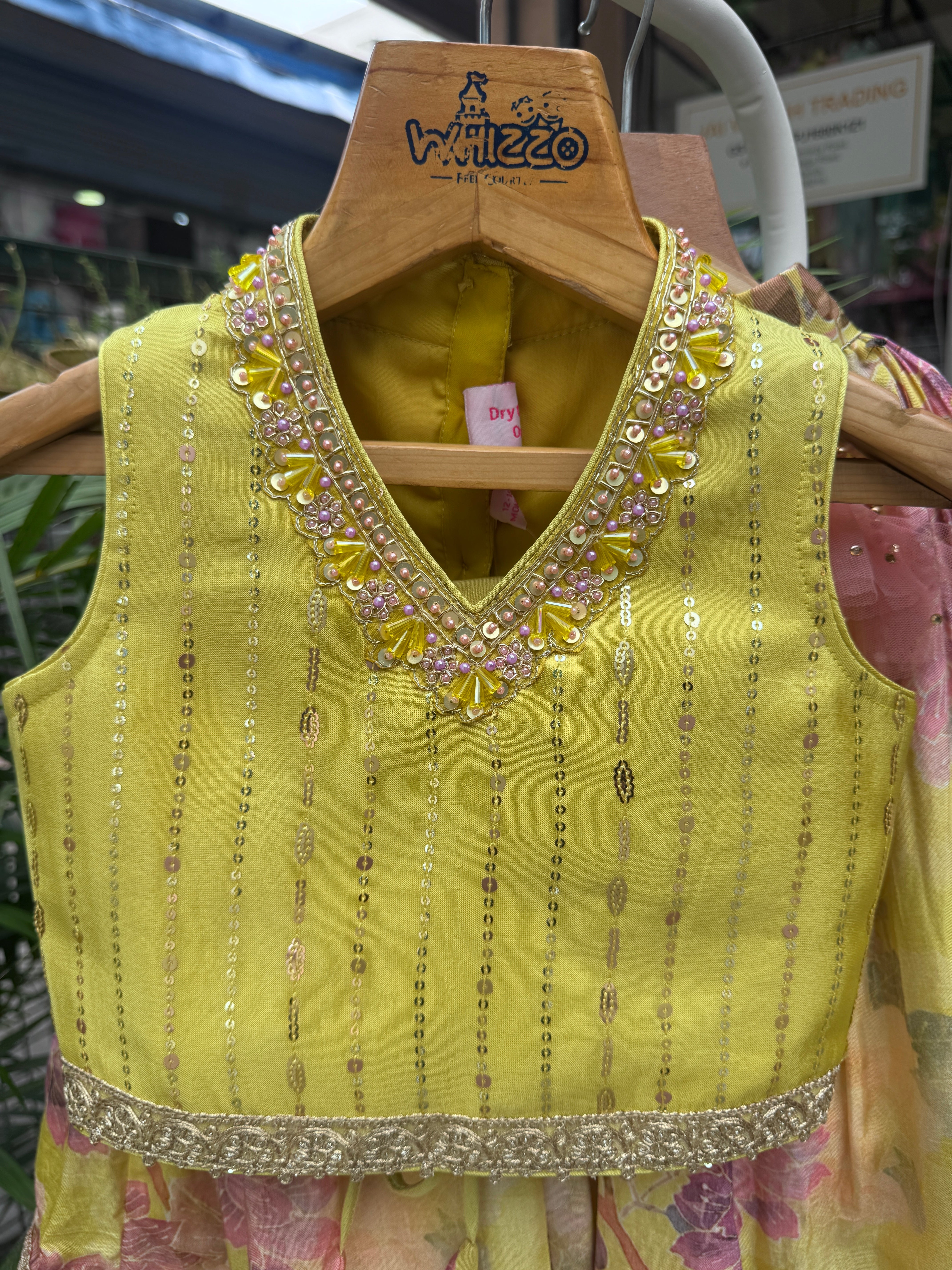 Mustard Yellow Floral Printed Lehenga Set with Sequin Embellished Sleeveless Blouse & Lace Hem – Premium Festive Wear for Girls | Ages 1–6 Years / 6–12 Years