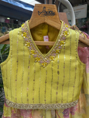 Mustard Yellow Floral Printed Lehenga Set with Sequin Embellished Sleeveless Blouse & Lace Hem – Premium Festive Wear for Girls | Ages 1–6 Years / 6–12 Years