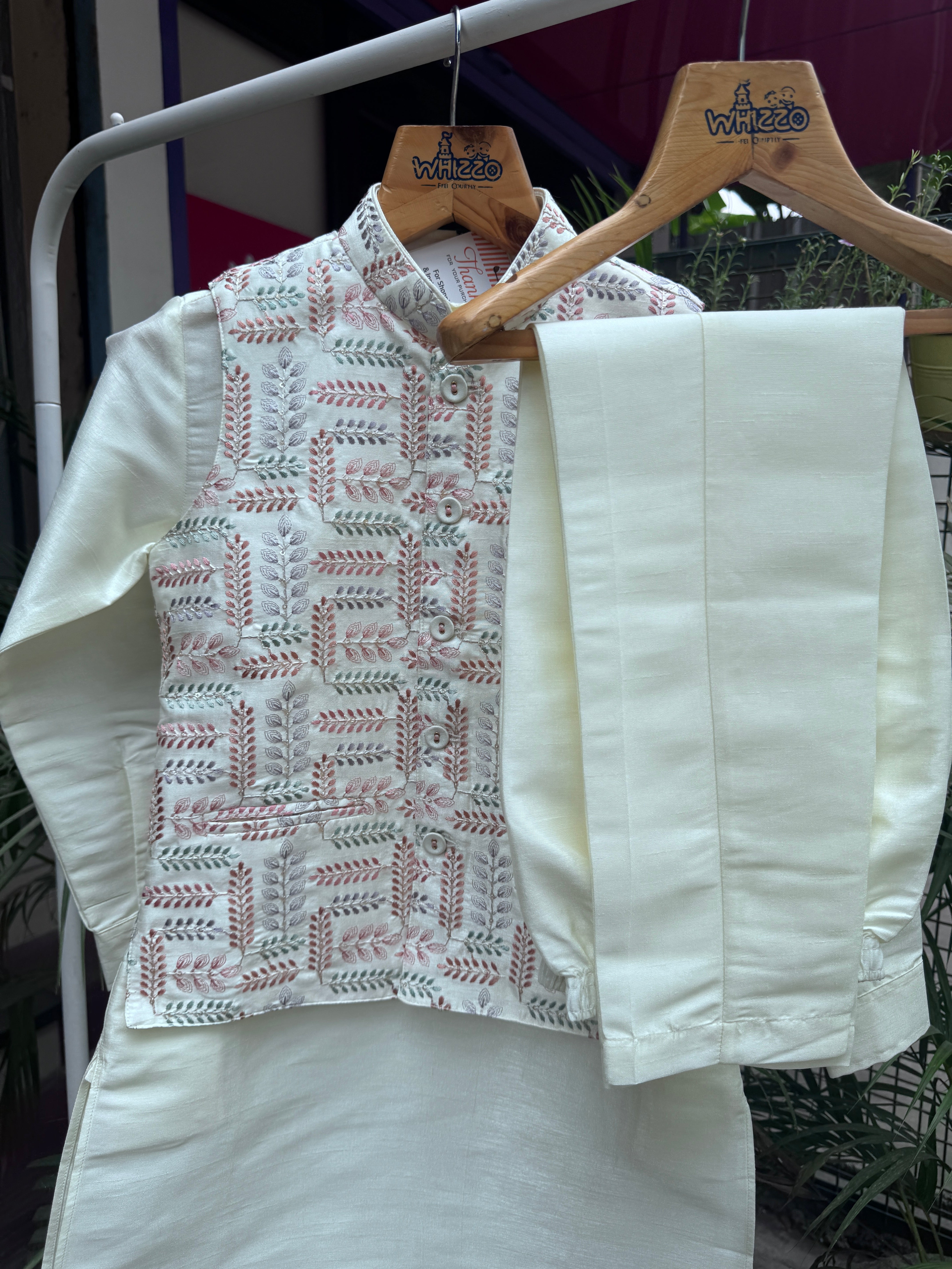 Cream Boys Jacket Kurta Set with Multicolour Leaf Embroidered Nehru Jacket | Cotton Lining | Ages 5–7 Years