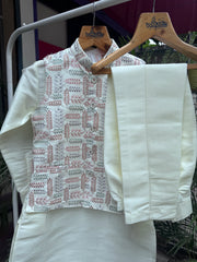 Cream Boys Jacket Kurta Set with Multicolour Leaf Embroidered Nehru Jacket | Cotton Lining | Ages 5–7 Years