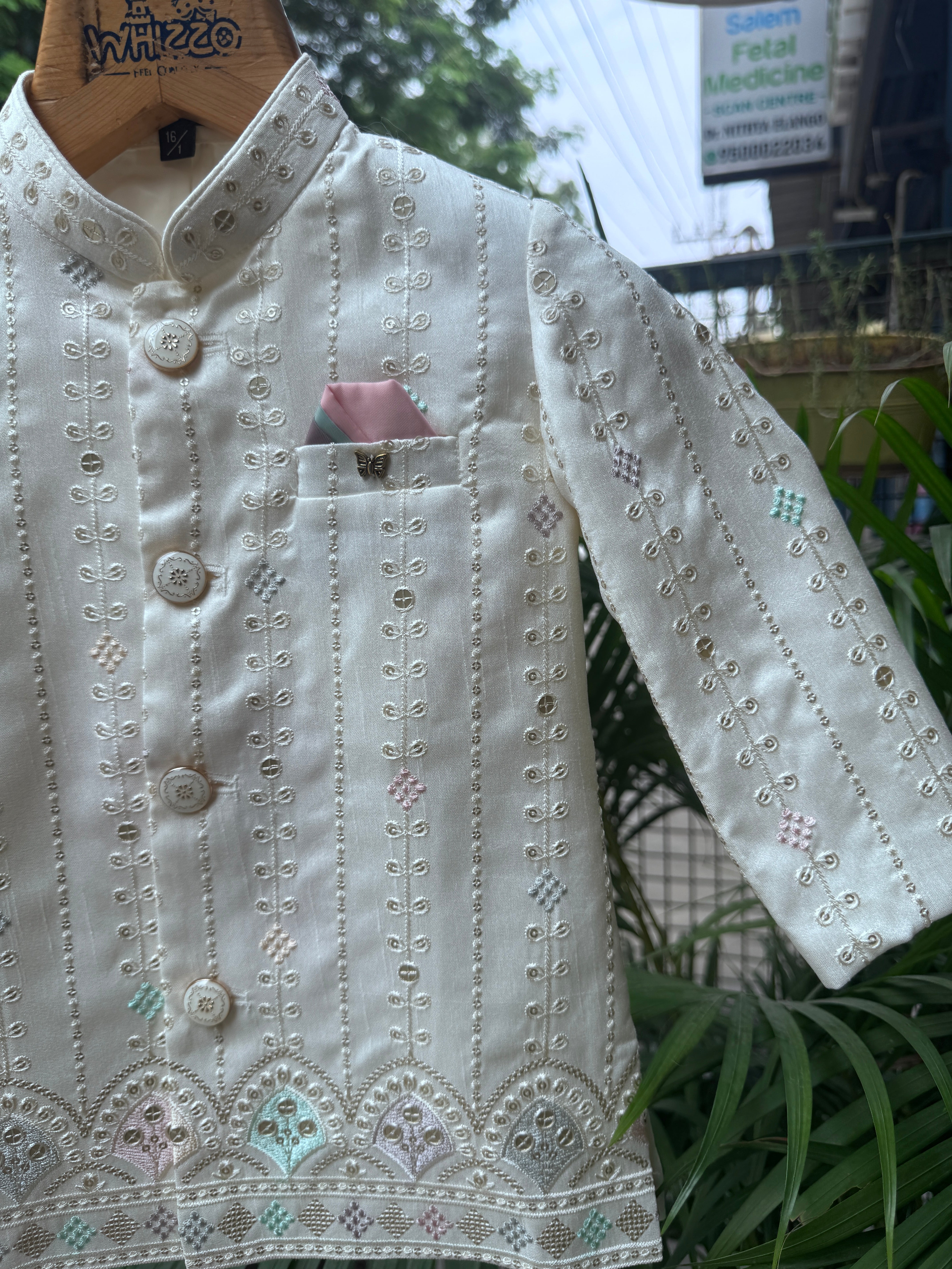 Ivory Hand-Embroidered Kurta Jacket Set – Soft Pastel Classic (Cotton Lining)