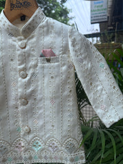 Ivory Hand-Embroidered Kurta Jacket Set – Soft Pastel Classic (Cotton Lining)