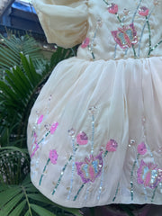 White hand embroidered dressCream Puff-Sleeve Floral Embroidered Party Frock – Age 1–4 Years