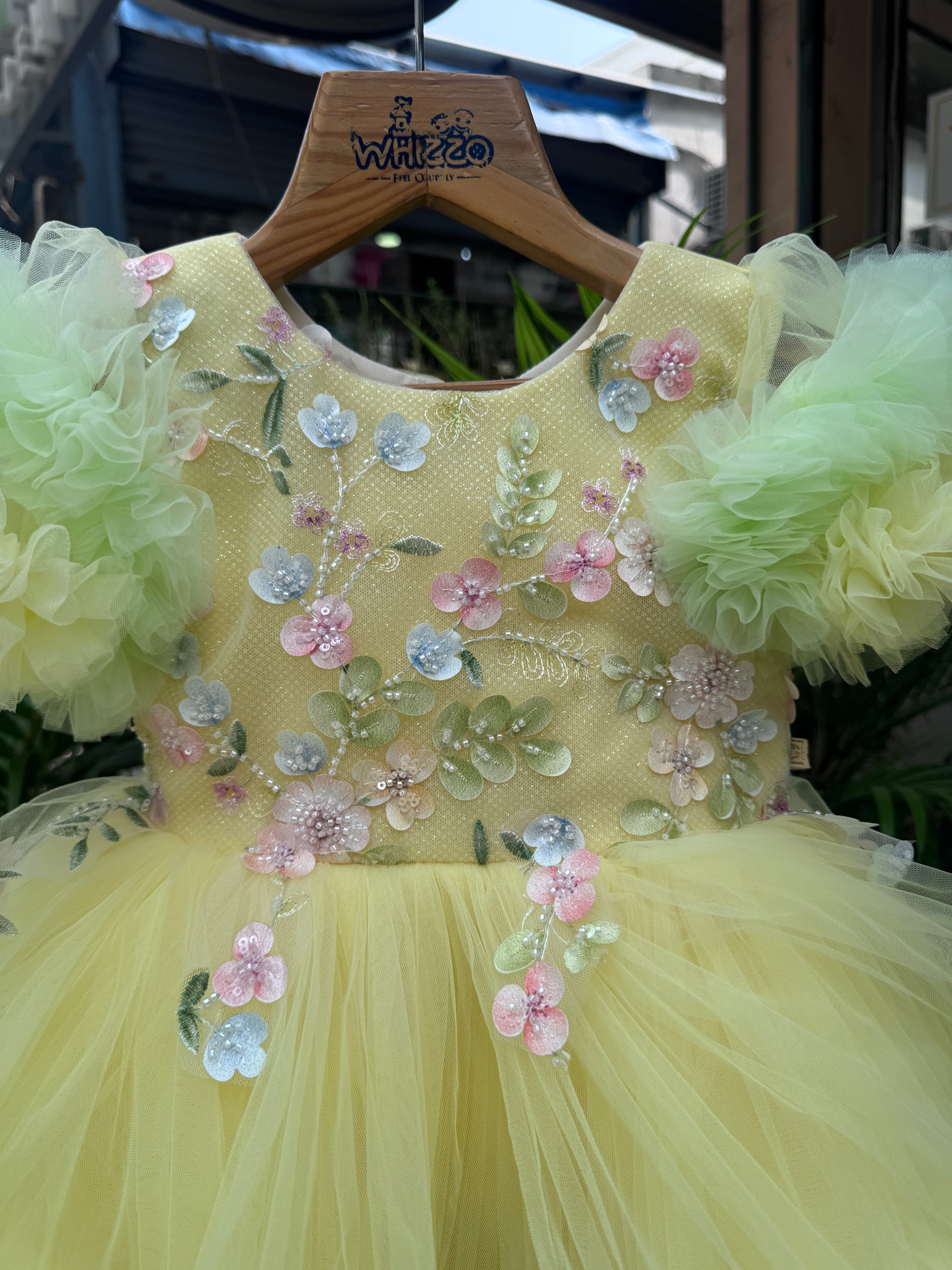 Yellow & Mint Green Tulle Party Frock with Floral Embroidery (1–4 Years)