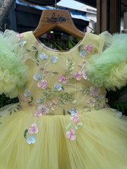 Yellow & Mint Green Tulle Party Frock with Floral Embroidery (1–4 Years)