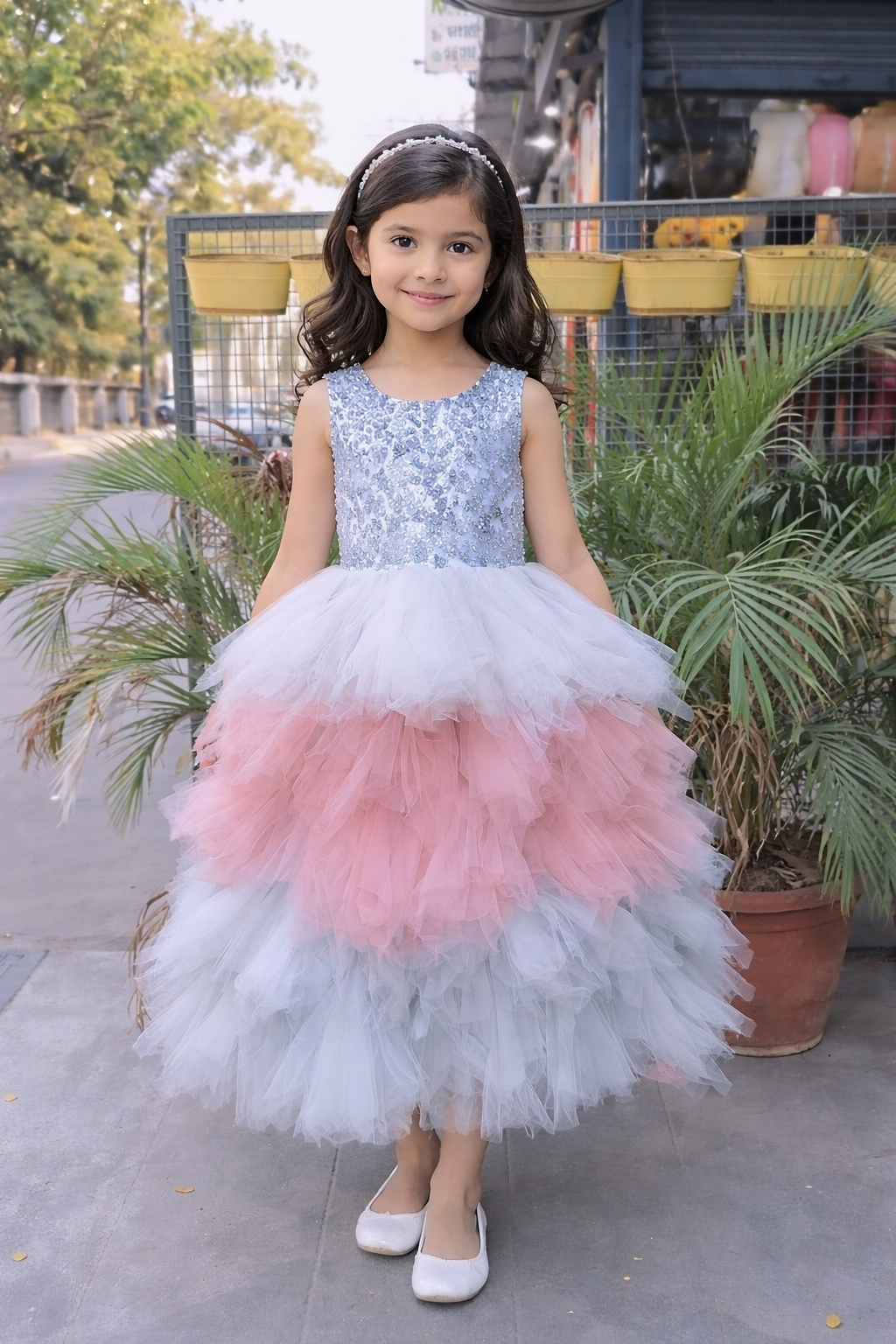 Whizzo Kids Grey dress for Girls – Festive Wear with Soft Cotton Lining (Age 1 to 10 Years)